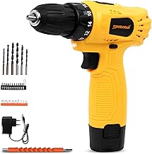 Tomahawk TAD-4625 12V Cordless Drill/Screwdriver | 10mm Keyless Chuck, 600 RPM, 24 Nm Torque, 18+1 Settings | LED Light, Spirit Level, 1×1.5 Ah Battery, 26-in-1 Accessory Kit | DIY, Metal, Plastic