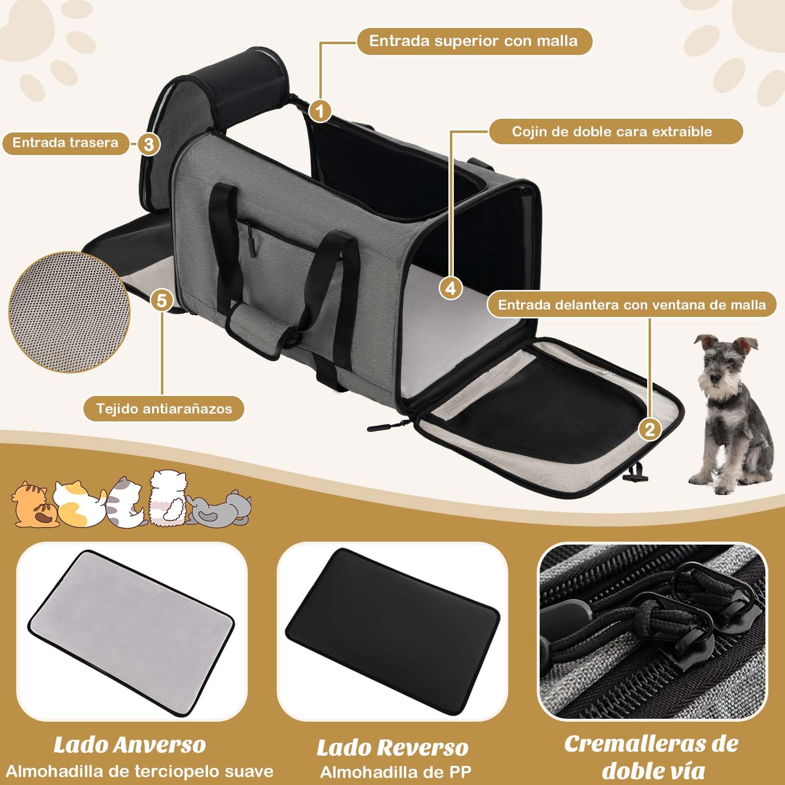 GOPLUS Carrito para Perros Plegable con Ruedas, Cochecito para Mascotas con base de doble cara, asa telescópica, Caja de Transporte y Bandolera, Trolley para Mascotas Pequeñas y Medianas, Hasta 100 KG