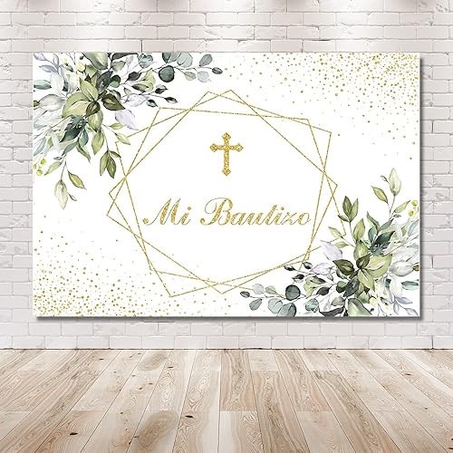 Miniatura 6 de MEHOFOND Mi Bautizo - Telón de fondo para fiesta de bautismo mexicano, suministros para primera comunión recién nacido, baby shower, fondo dorado