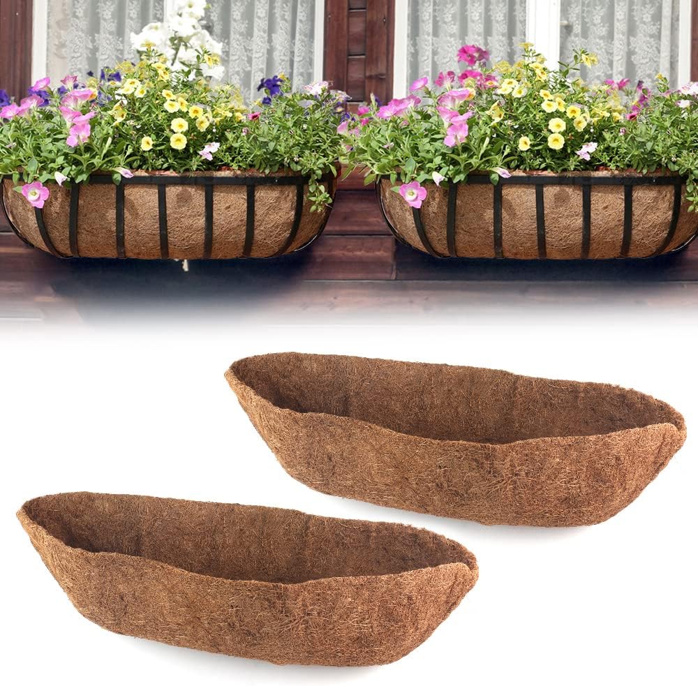 EROCK 2 Pack Trough Coco Liner Fiber Replacement for Planters, 36 inch Half Moon Coconut Coir Planter for Window Box/Hanging Trough Planter, Garden Flower Vegetables Pot, Fence Flower Baskets