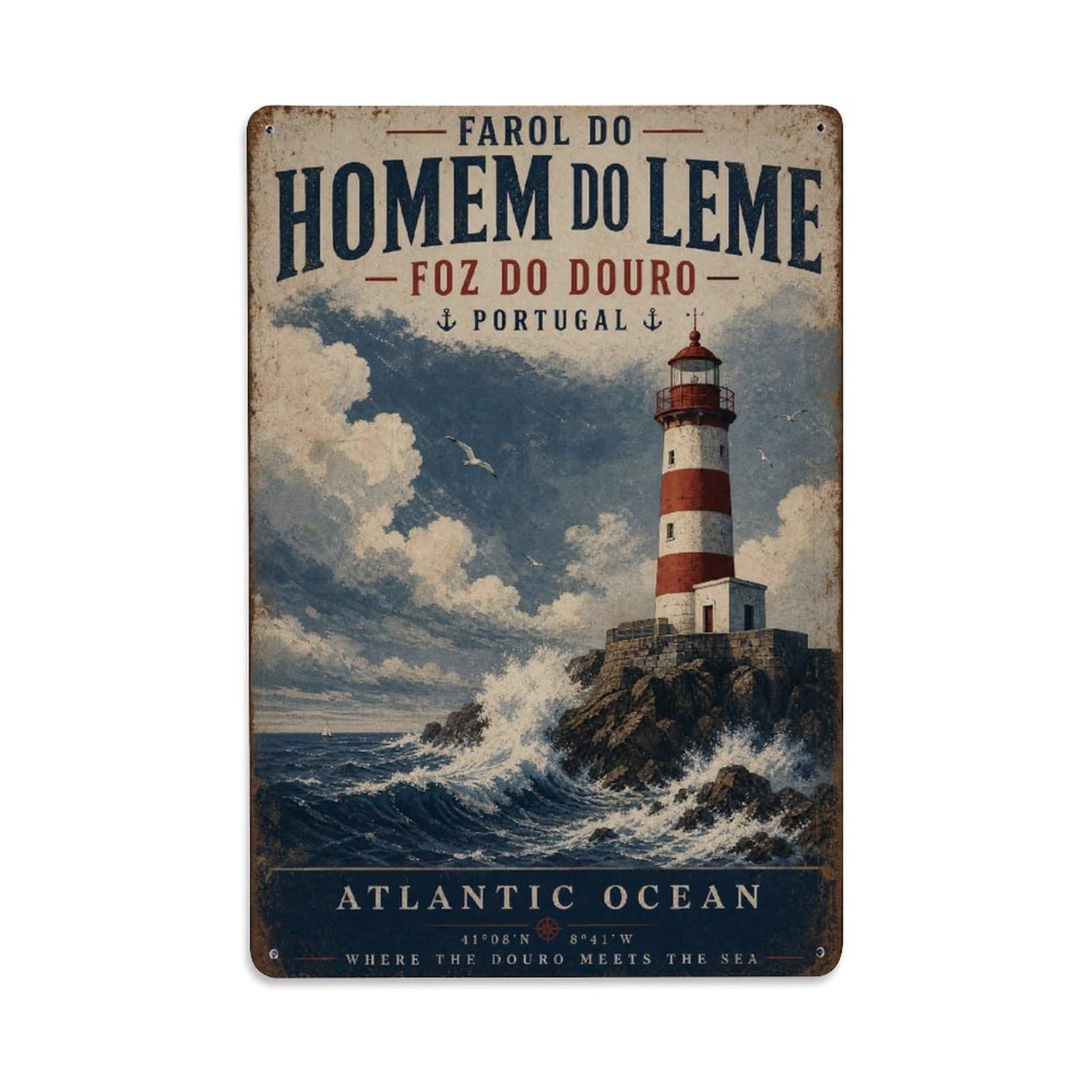 Yrnq 08X12inch Vintage Style Vintage Homem Leme Lighthouse Coastal Beacon Portugal Metal Tin Sign