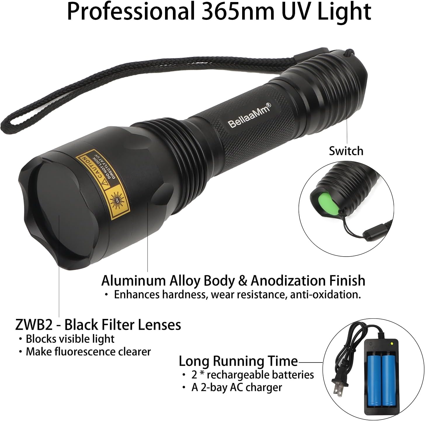 C10 365nm UV Flashlight Blacklight Flashlights with Filtered, Longwave 365 nm UV Light Black Light for Pet Urine Detector, Scorpion, Rocks