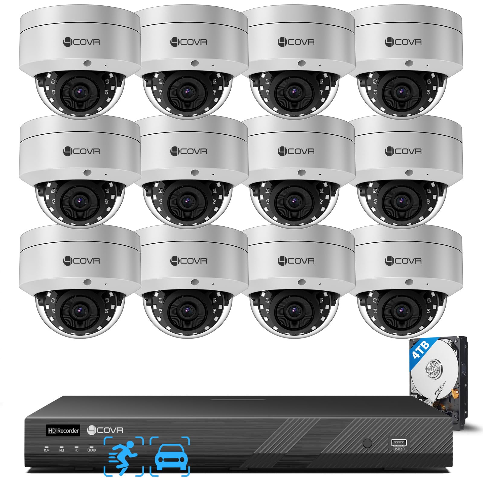 4COVR Überwachungskamera Aussen Set 4K, PoE System mit 12X 8MP IK10 Vandalensicheren Dome IP Kameras IP67, KI Personen-/Fahrzeugerkennung, 16-Kanal NVR mit 4TB HDD, 24/7 Aufzeichnung, DLY54AX8M1612