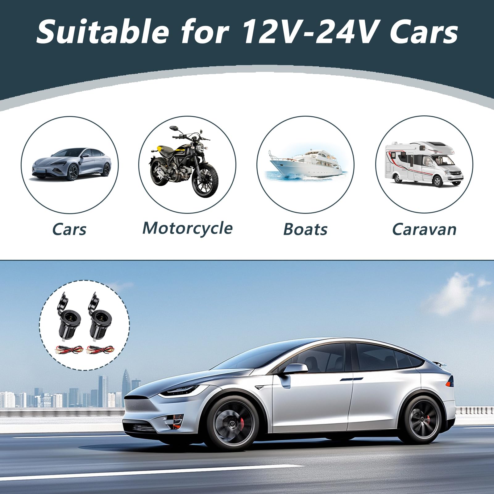 2 Pièces Prise Allume Cigare Étanche Voiture 12V avec Câble 60 cm pour Voiture Moto Bateau, Prise de Courant Accessoire DC 12 Volts Fusible Intégré, Raccordement Facile pour Appareils GPS Téléphone