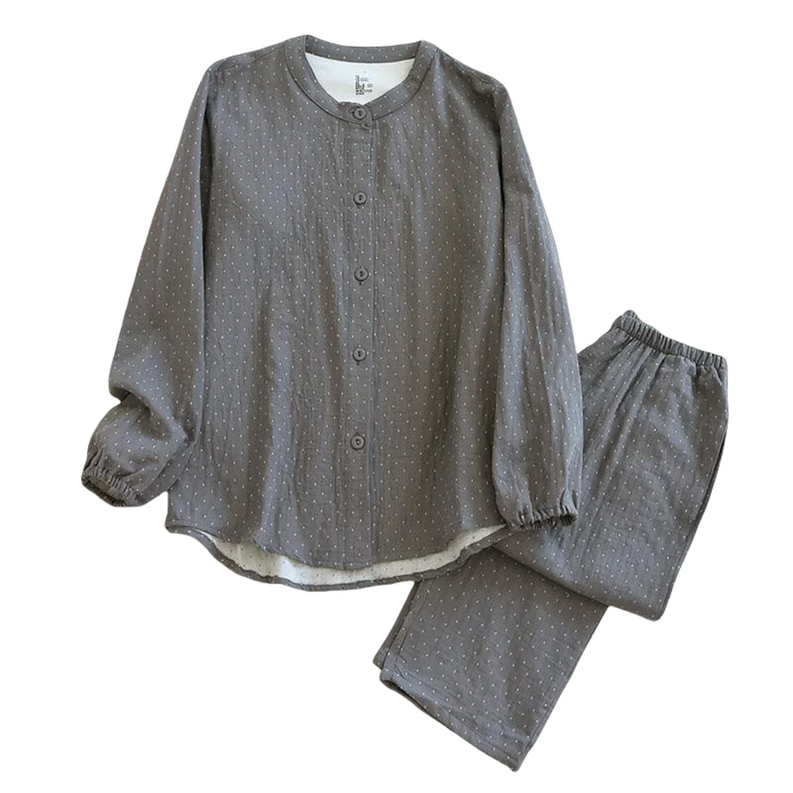 Pigiama da Donna Primaverile E Autunnale Set Pantaloni A Maniche Lunghe in Cotone Due Pezzi Semplici Vestiti Casual per La Casa Indumenti Notte-Grigio-XL