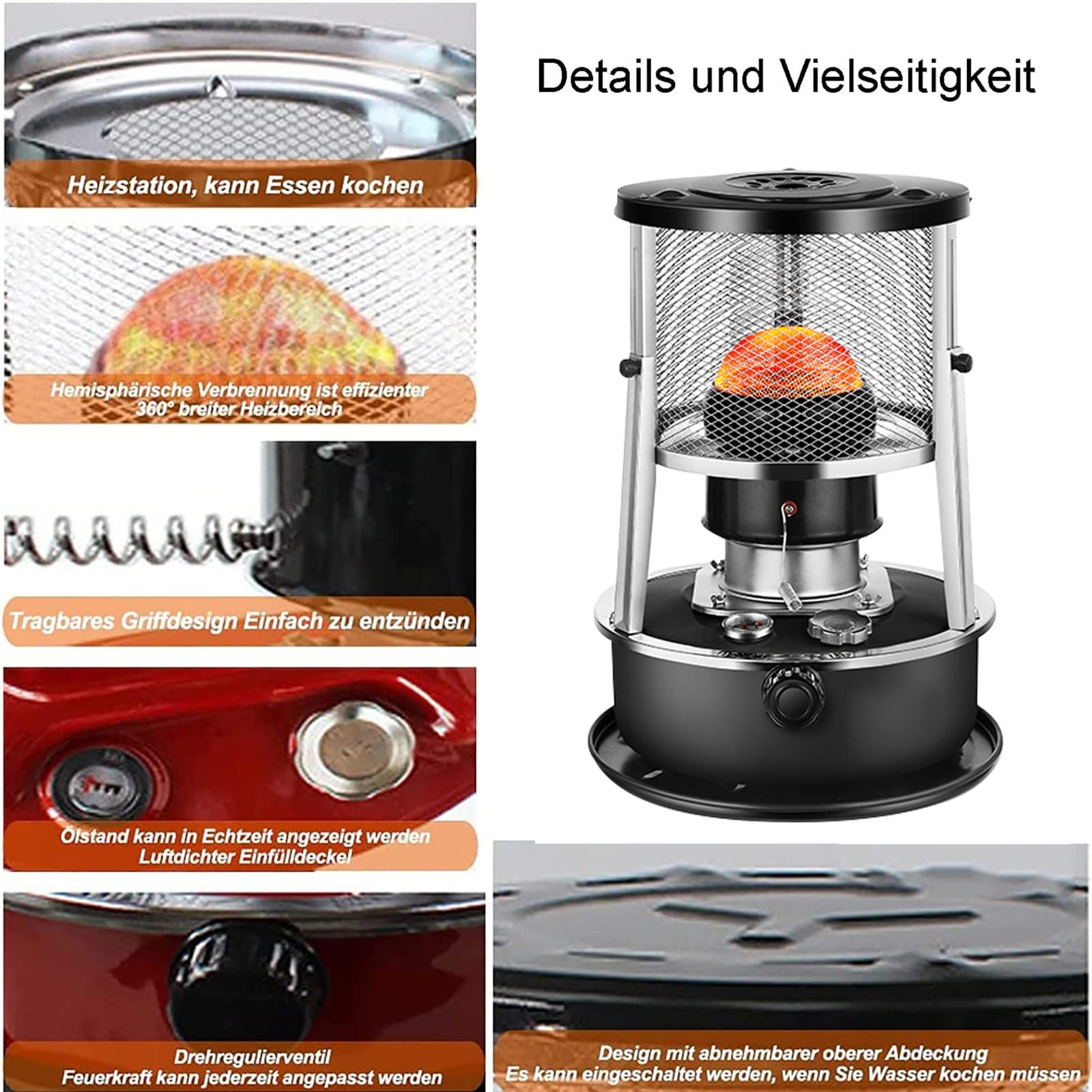 Petroleumheizung Mit Löschautomatik Kopp, Petroleumofen, Petroleumofen Für Innenräume, Mobile Heizung Ohne Strom, Petroleum Ofen Heizung,mit 6 Dochten (Color : 002-Black)