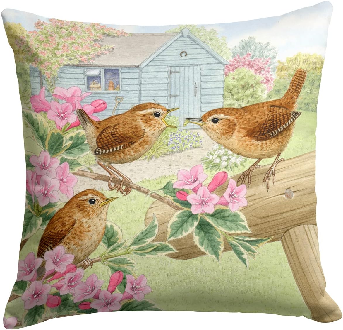 Caroline's Treasures ASAD183APW1414 Wrens by Sarah Adams Fabric Decorative Pillow Machine Washable, Indoor Outdoor Decorative Pillow for Couch, Bed or Patio, 14Hx14W