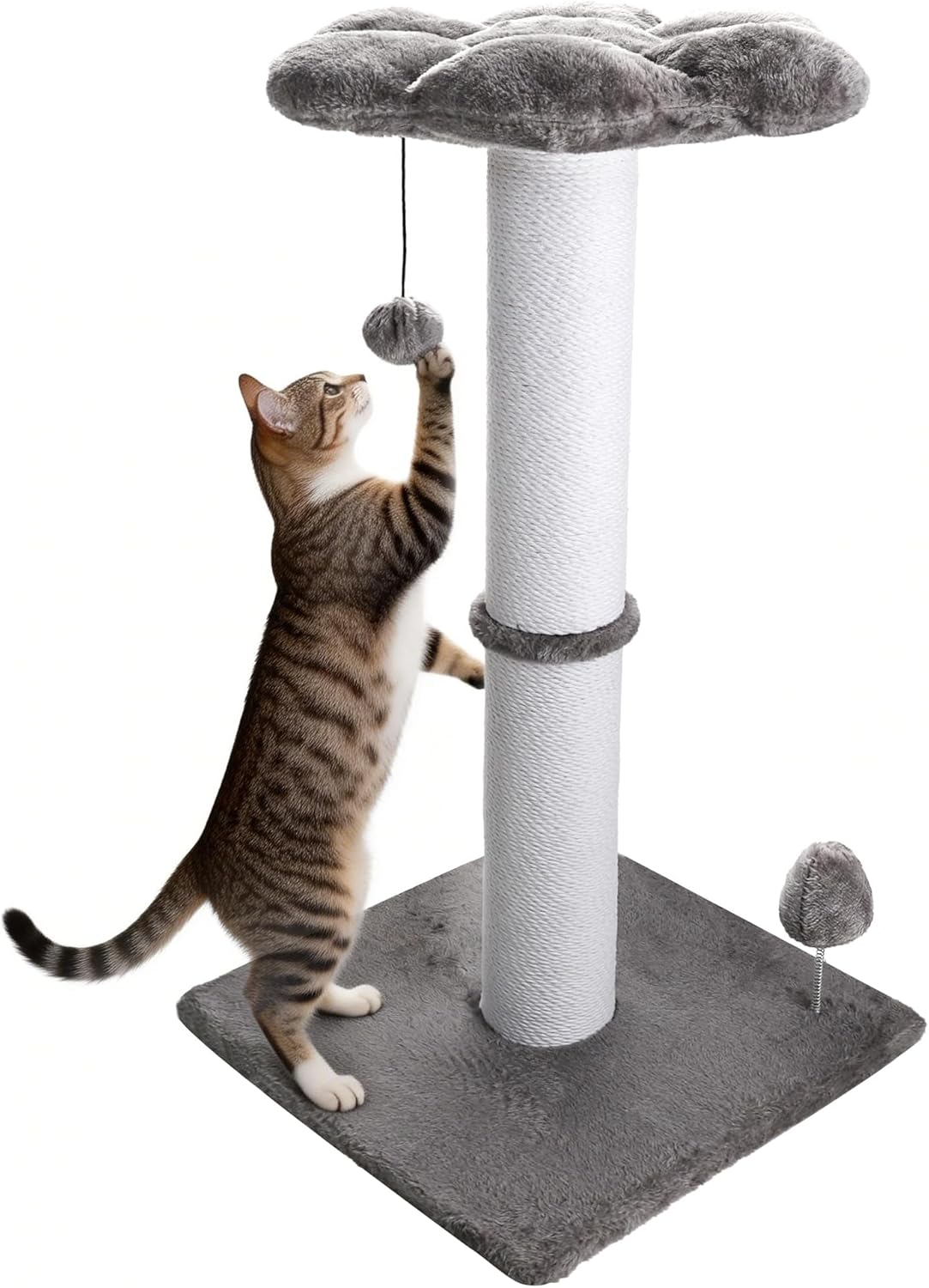 Heavy Duty Cat Scratching Post 30 Inch Cotton Rope Cats Scratcher with Flower Cat Perch & Hanging Ball for Indoor Cats Tall Cat Post(Grey)