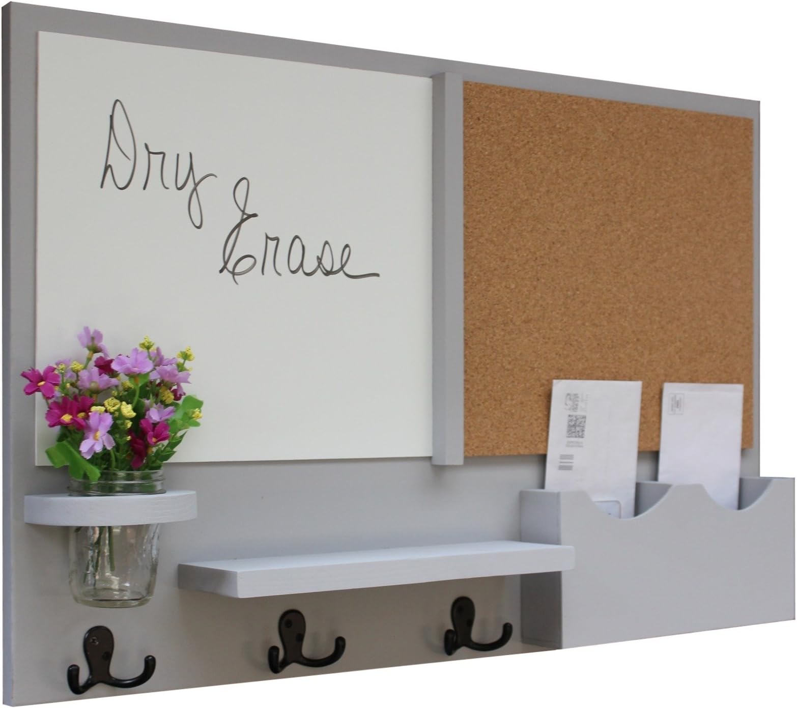 Message Center with White Board & Cork Board Letter Holder Coat Rack Key Hooks (Smooth, Gray)