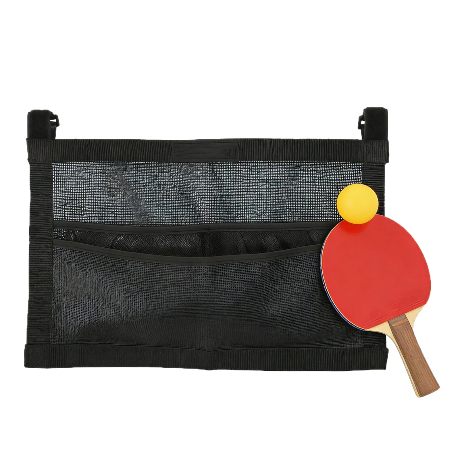 NICENEEDED Ping Pong Paddle Holder with Mesh Storage Bag, Quick-Mount Ping Pong Ball Holder Hanging Pickleball Holder with Adjustable Straps, Black Ping Pong Accessories for Balls Paddles
