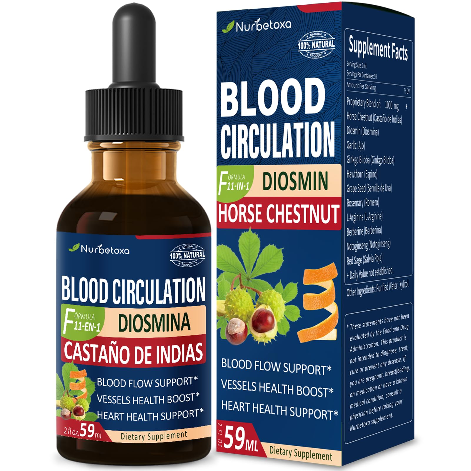 Blood Circulation Horse Chestnut Extract Liquid Drops, Castaño de Indias y Diosmina para la Circulacion y Varices, Nitric Oxide Supplement for Blood Flow, Pressure & Heart Health.2 oz