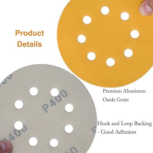 Miniatura 5 de Discos de lija de 5 pulgadas, 8 agujeros, papel de lija de órbita aleatoria de grano 400, paquete de 50