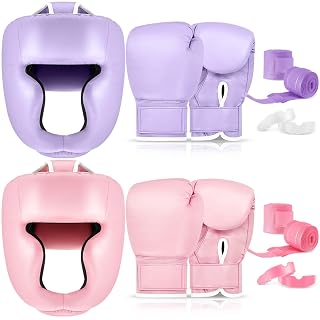 Kanayu 14 Pcs Boxing Gloves and Headgear Set for Beginners Youth 16 Ounce Boxing Gloves Headgear Helmet Hand Wraps Mouth Guards Equipment for Beginners Training Equipment Gifts(Purple, Pink)