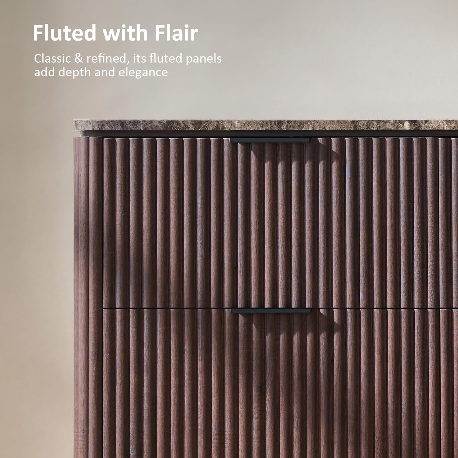 Dresser for Bedroom with 9 Drawers, 63"W Chest of Drawers, Fluted Dresser with Faux Marble Top, Curved Profile Design, Metal Handle, Wood Closet Storage Organizer for Living Room, Hallway, Dark Oak