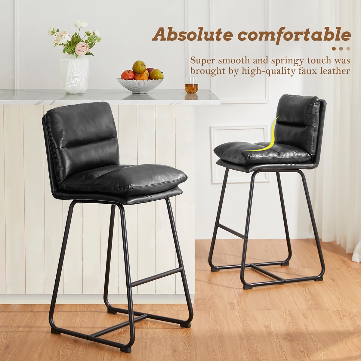Glitzhome Bar Table and Chairs Set, Black Steel Round Pub Bistro Table with Soild Elm Wood Top and Black Leatherette Bar Stools for Breakfast Nook Coffee Cocktail Living Room Small Space Restaurant