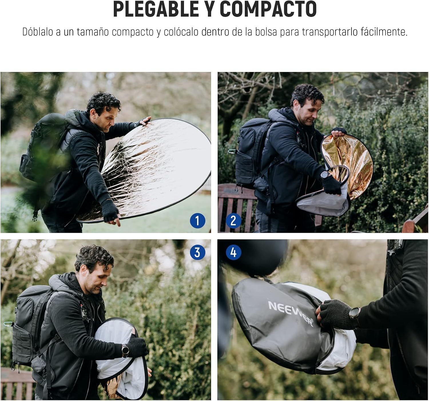 NEEWER Kit de Reflector de Luz de 43"/110cm, Reflector Redondo Plegable 5 en 1 (Translúcido/Plateado/Dorado/Blanco/Negro), Abrazadera de Metal y Soporte Corto de 21"-43"/53-110cm para Fotografía