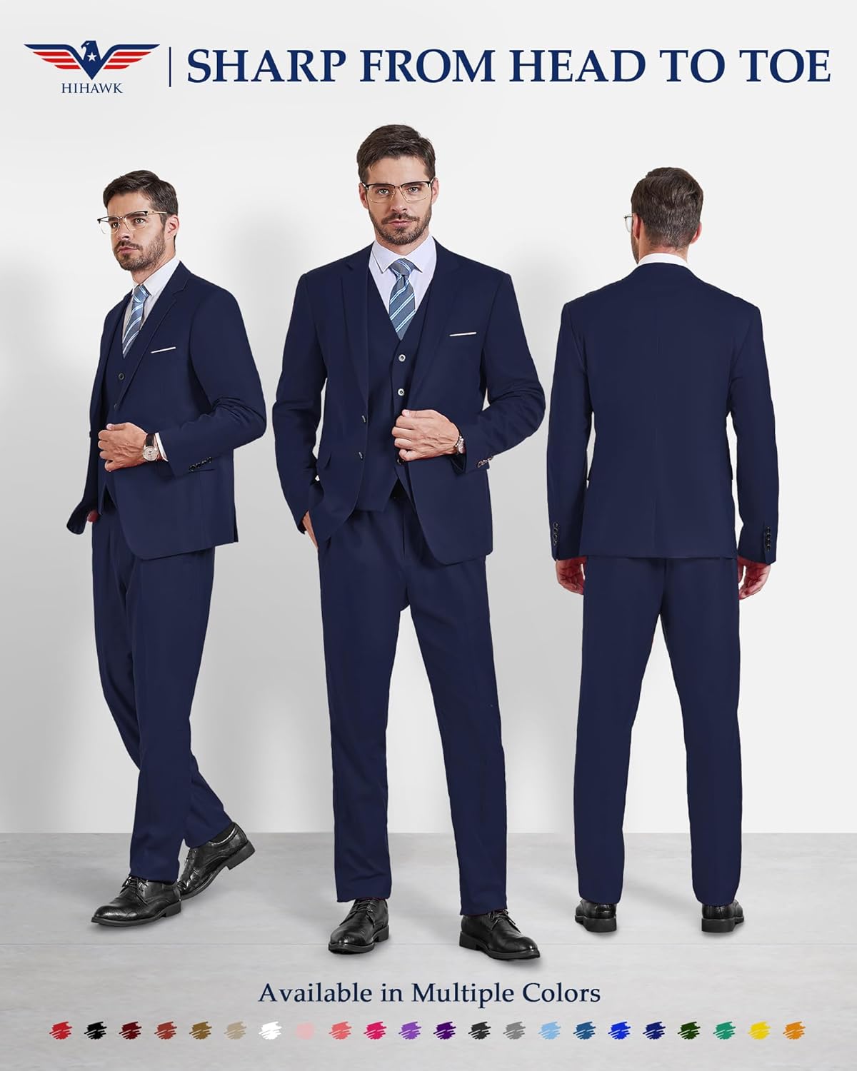 Hihawk Men's 3 Piece Suit with Tie, 2 Button Slim Fit Solid Blazer Jacket Vest Pants, Business Wedding Party Suits for Men