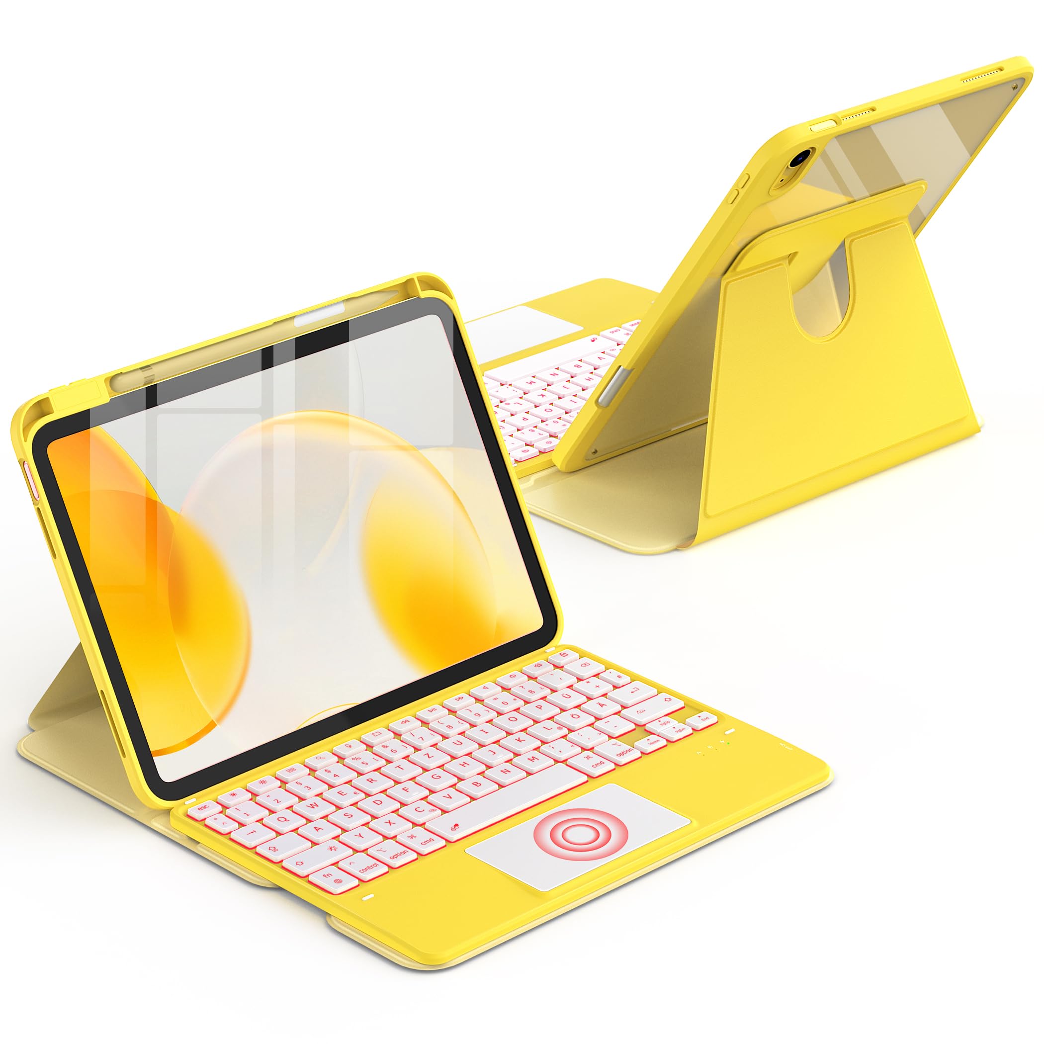 CACOE Drehbare Hülle mit Tastatur für iPad (A16) 11/10 Generation (11/10.9 Zoll) 2025/2022 mit Touchpad, 7-Farbige Beleuchtung Abnehmbare Kabellose Tastatur 360° Drehung mit Standfunktion, Gelb