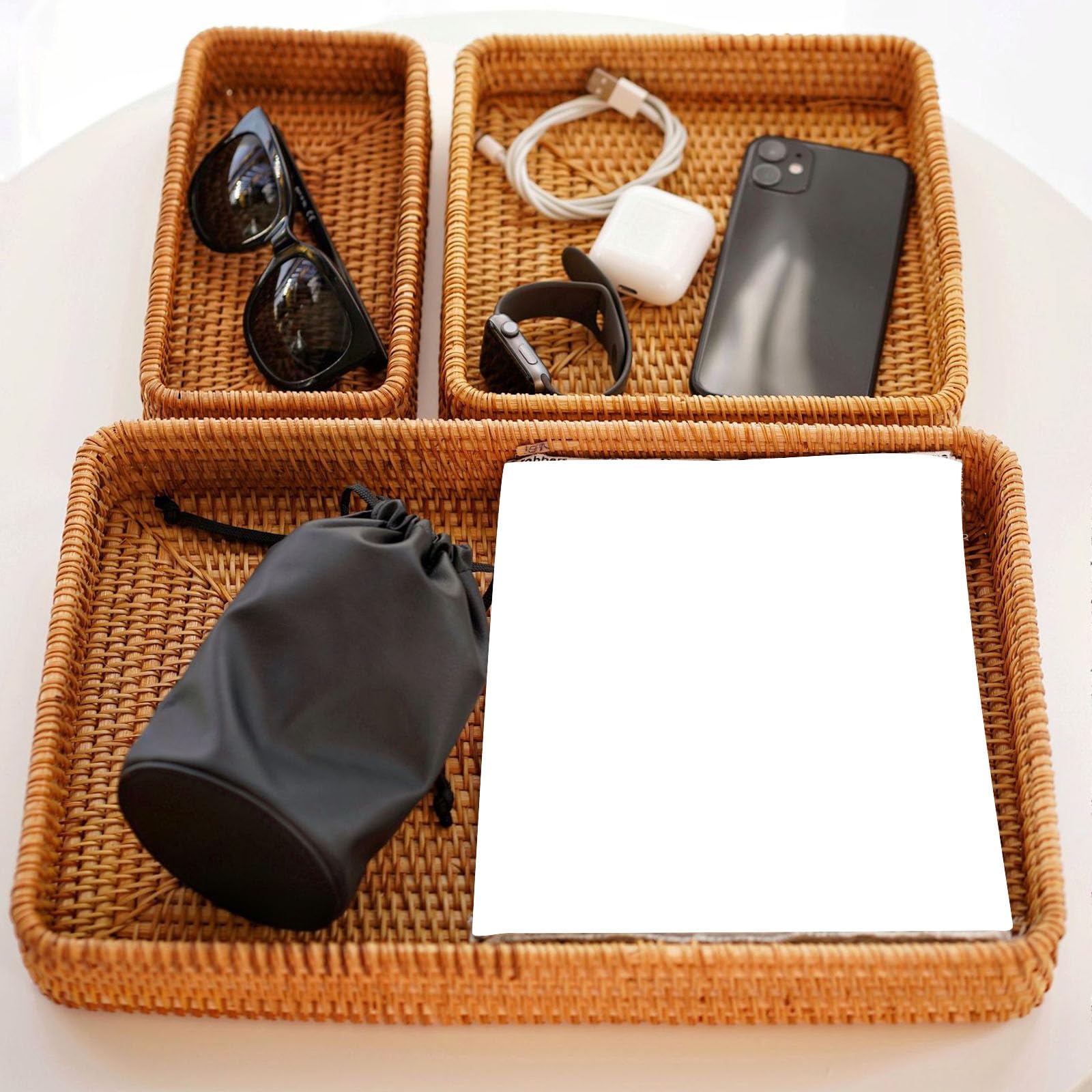 Set di 3 vassoi da portata in rattan intrecciato a mano rettangolari cesti portaoggetti per organizzare controsoffitti tavolini decorazioni per la casa multiuso ciotola di frutta in rattan