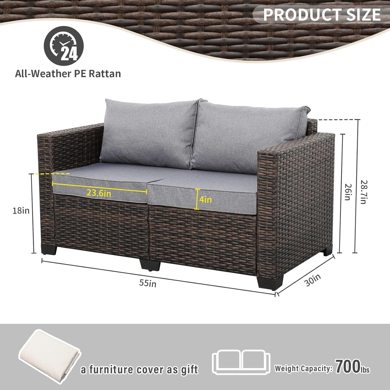 Grey 2 Seater Couch Outdoor Furniture Small Sofa Loveseat Sofa Patio Furniture with Anti-Slip Cushions Lumbar Pillow and Waterproof Cover