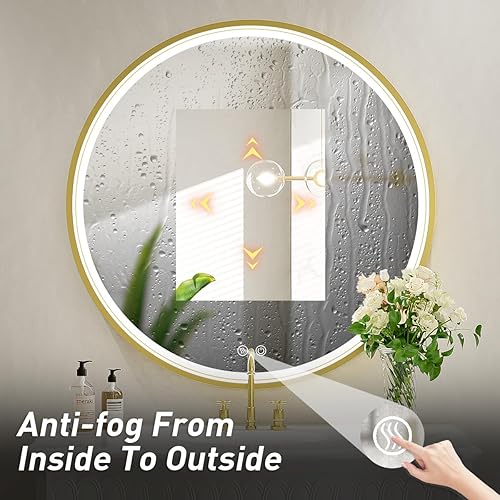 Miniatura 5 de Espejo LED redondo de baño de 24", espejo de tocador anti vaho regulable con control táctil, luz natural de 6000K, marco de metal dorado, montado en