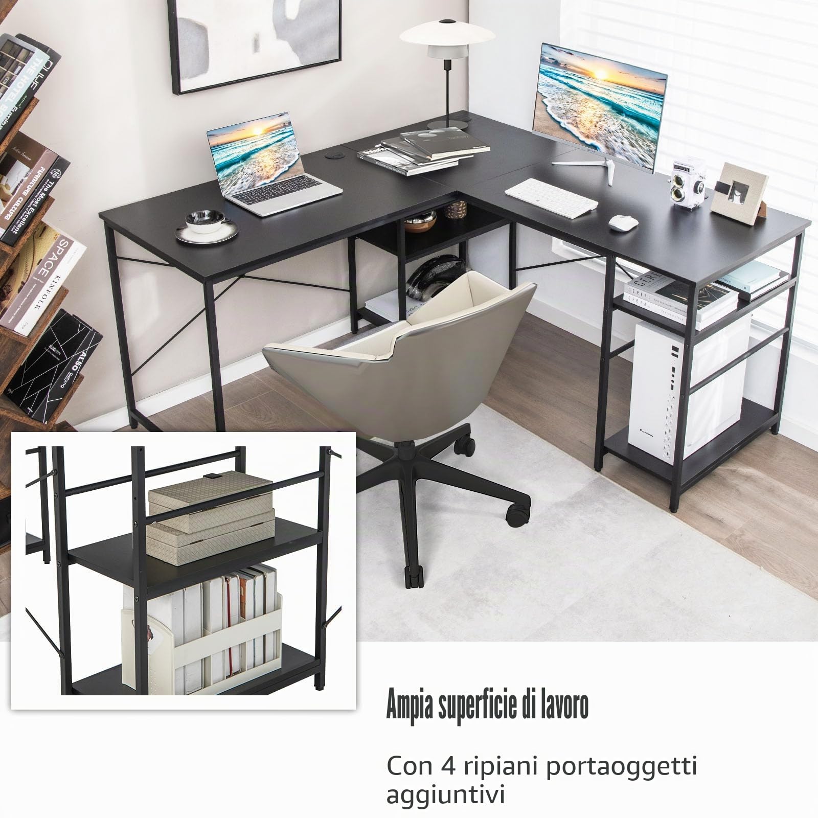 LIFEZEAL Scrivania Angolare a Forma di L, Scrivania Reversibile ad Angolo, Scrivania Lunga, Porta 2-3 Computer, 4 Ripiani, Telaio in Acciaio, Postazione di Lavoro, Ufficio, Studio, Max 180 kg, Nero