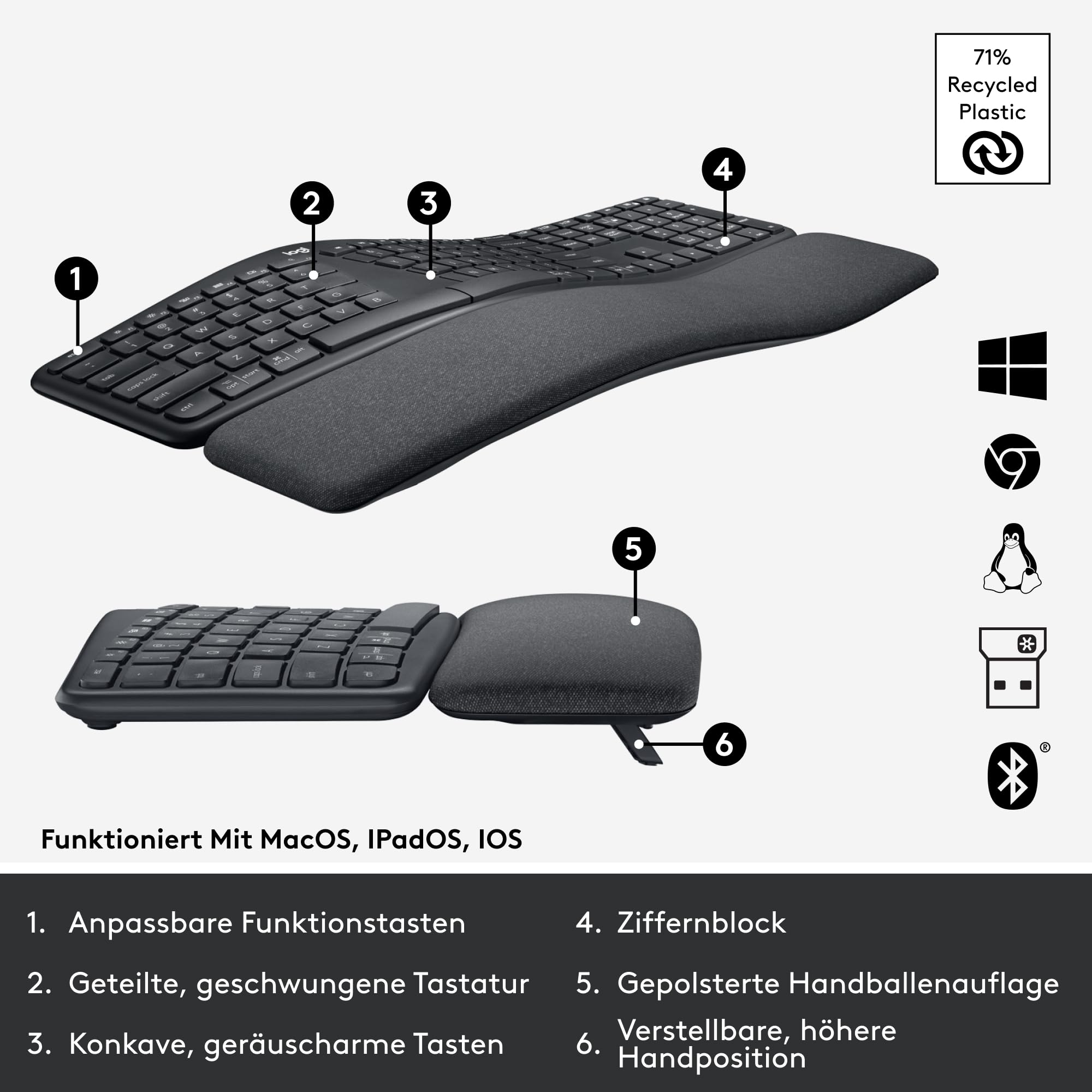 Logitech ERGO K860 kabellose ergonomische Tastatur – geteilte Tastatur, Handballenauflage, natürliches Tippen, schmutzabweisendes Material, Bluetooth und USB-Verbindung, für Windows/Mac - Graphit
