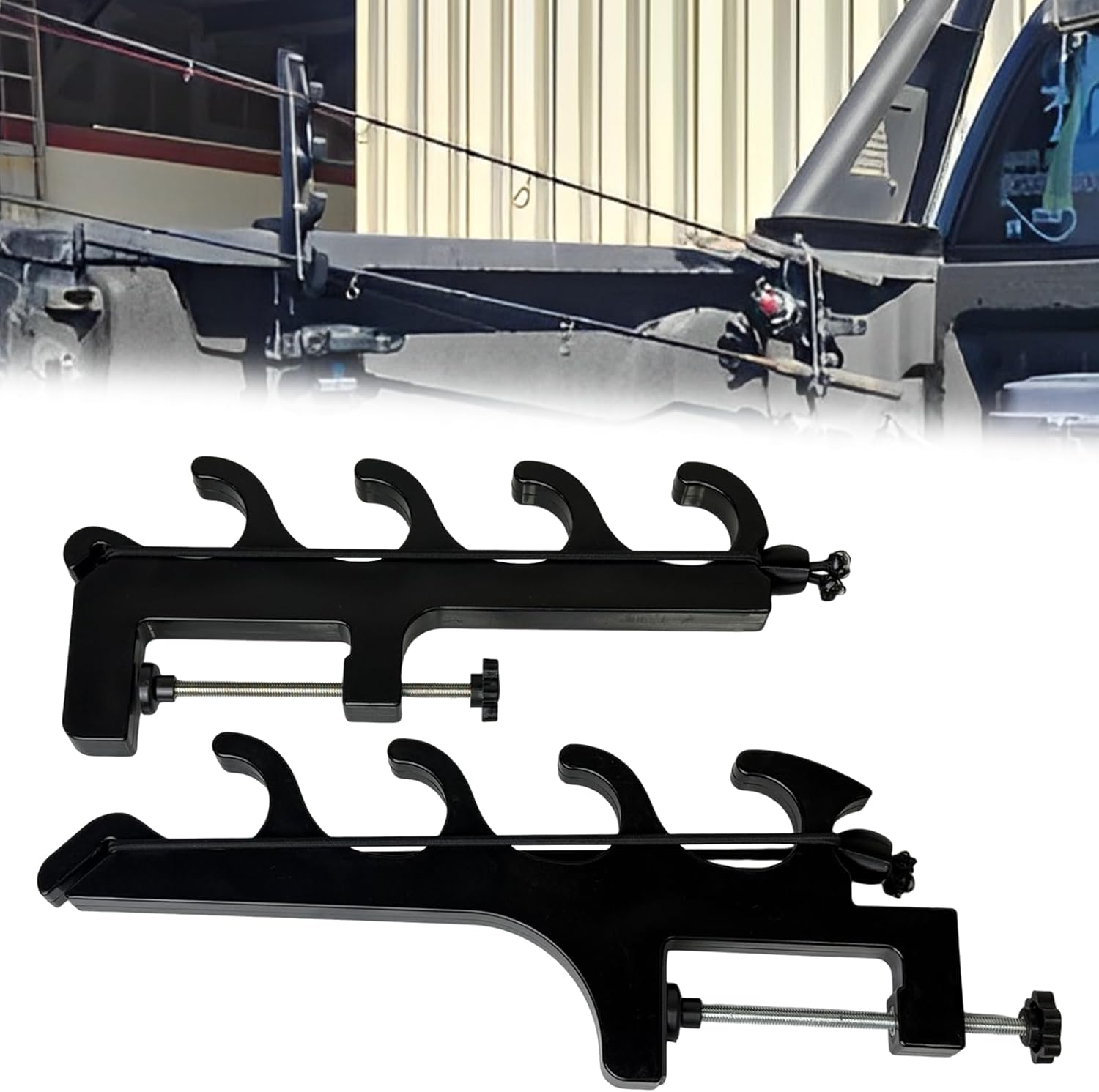 Fishing Rod Holder for Truck Bed Holds 4 Rods – No-Drill Fishing Rod Mount Rack for 2.48" Pickup Rails, Easy Kayak and Truck Fly Rack, Space Saving Organizer for Outdoor Angling