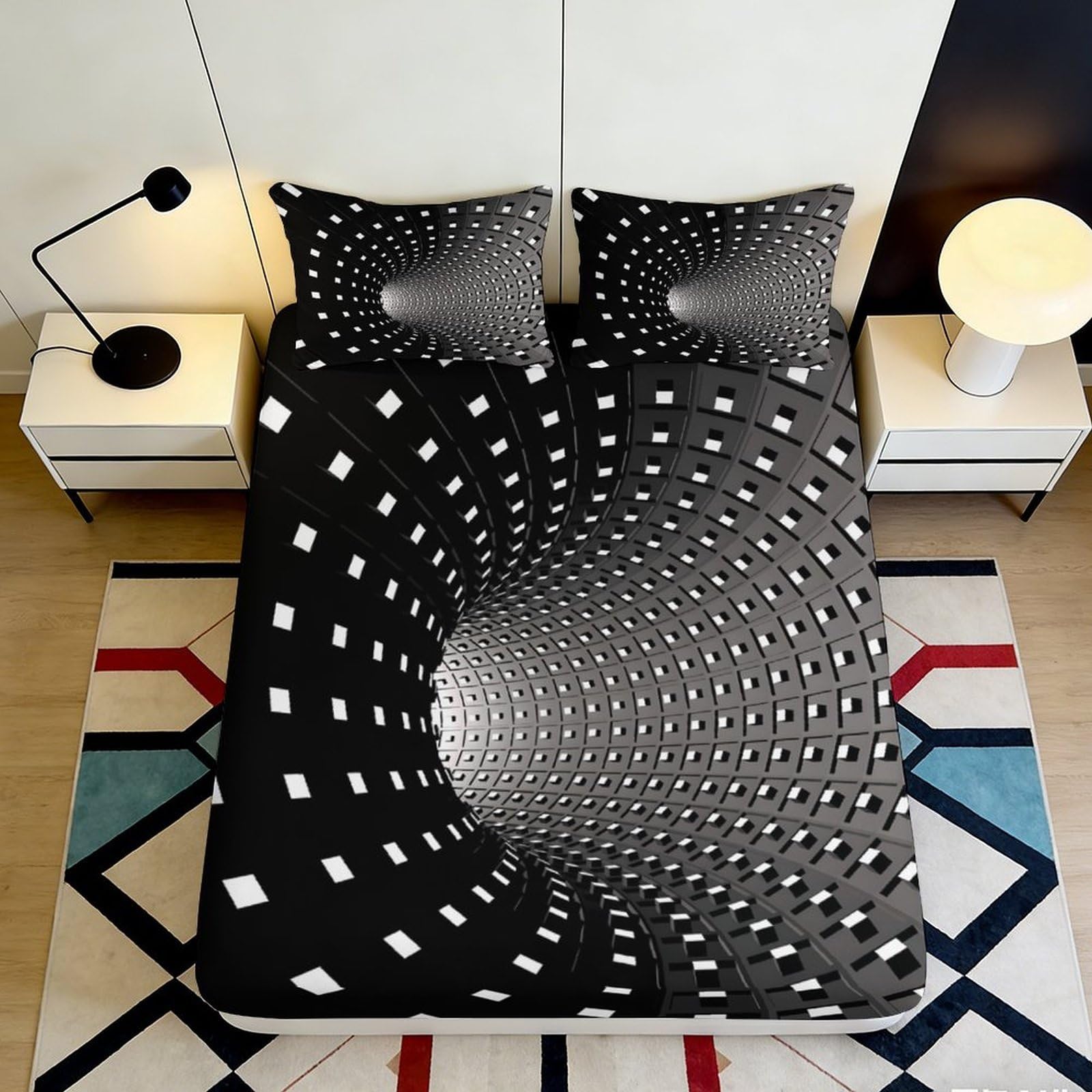 3D Printed Tunnel Illusion Fitted Sheet Microfiber Soft Black Geometric Mattress Cover for Bedroom Dorm Decor Protection 120x200x25cm