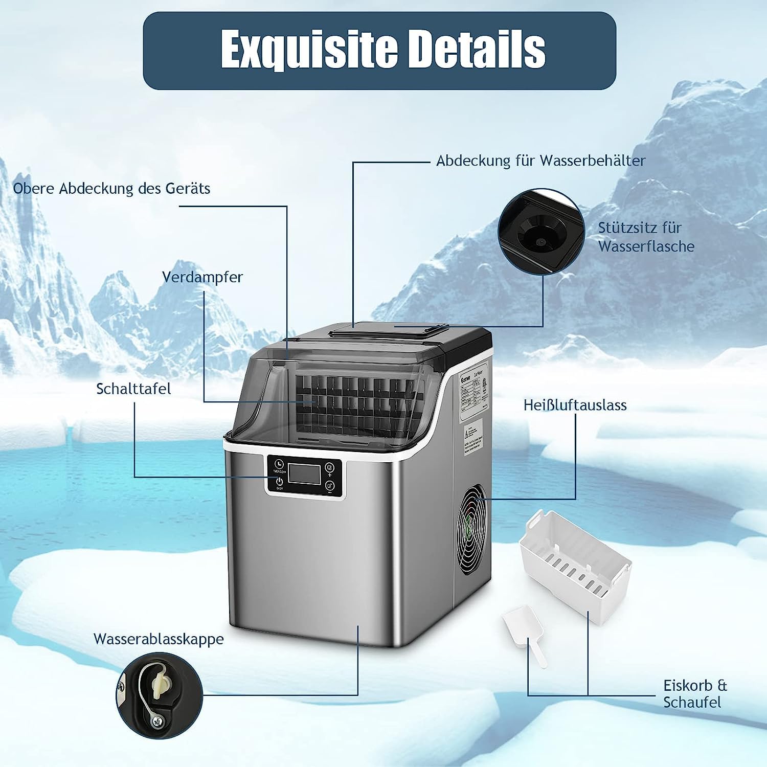 GOPLUS Eiswürfelmaschine, 18 kg/24 Std. Eiswürfelbereiter, Ice Cube Maker mit 3,2 L Wassertank & 1,2 kg Eiskorb & Eiswürfelschaufel, 24 Eiswürfel in 15-20 Minuten, Für Haus Büro Party