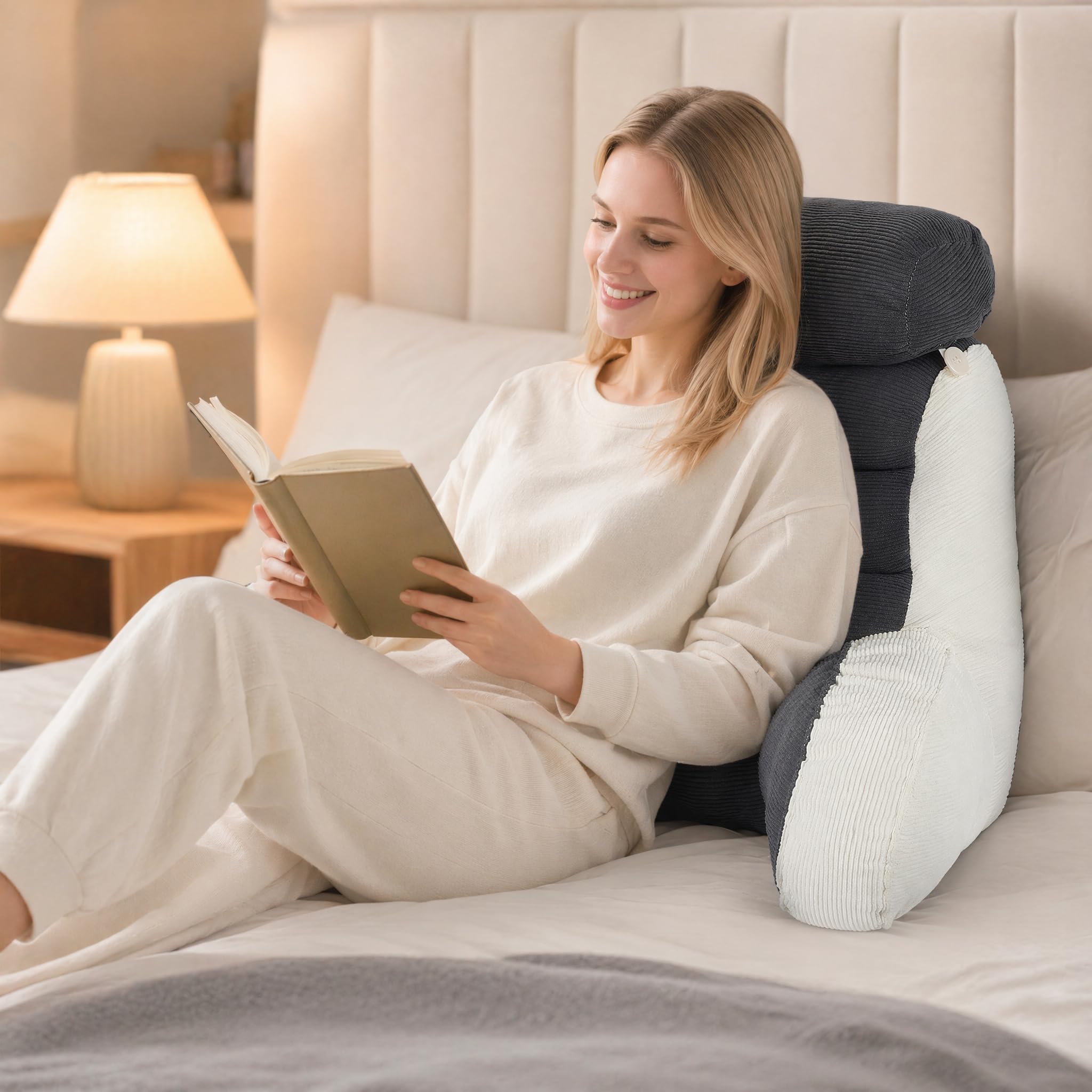 Coussin de lecture pour lit et canapé, 65 x 60 cm, coussin de dossier avec accoudoirs et traversin de nuque, os de lecture pour adultes, en velours côtelé, coussin d'assise pour lire