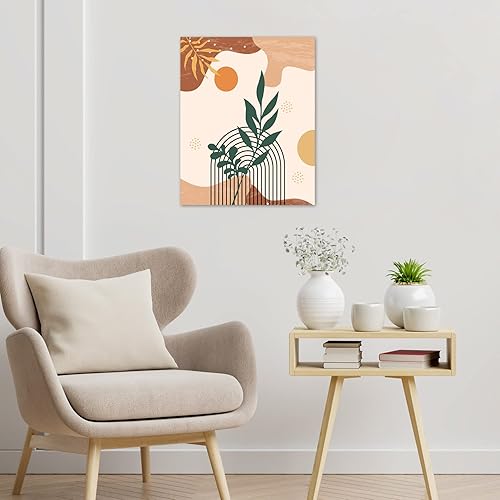 Miniatura 4 de MEECI Arte de pared minimalista bohemio de mediados de siglo, lienzo botánico de hojas verdes y doradas, arte de pared abstracto, pintura del hogar,