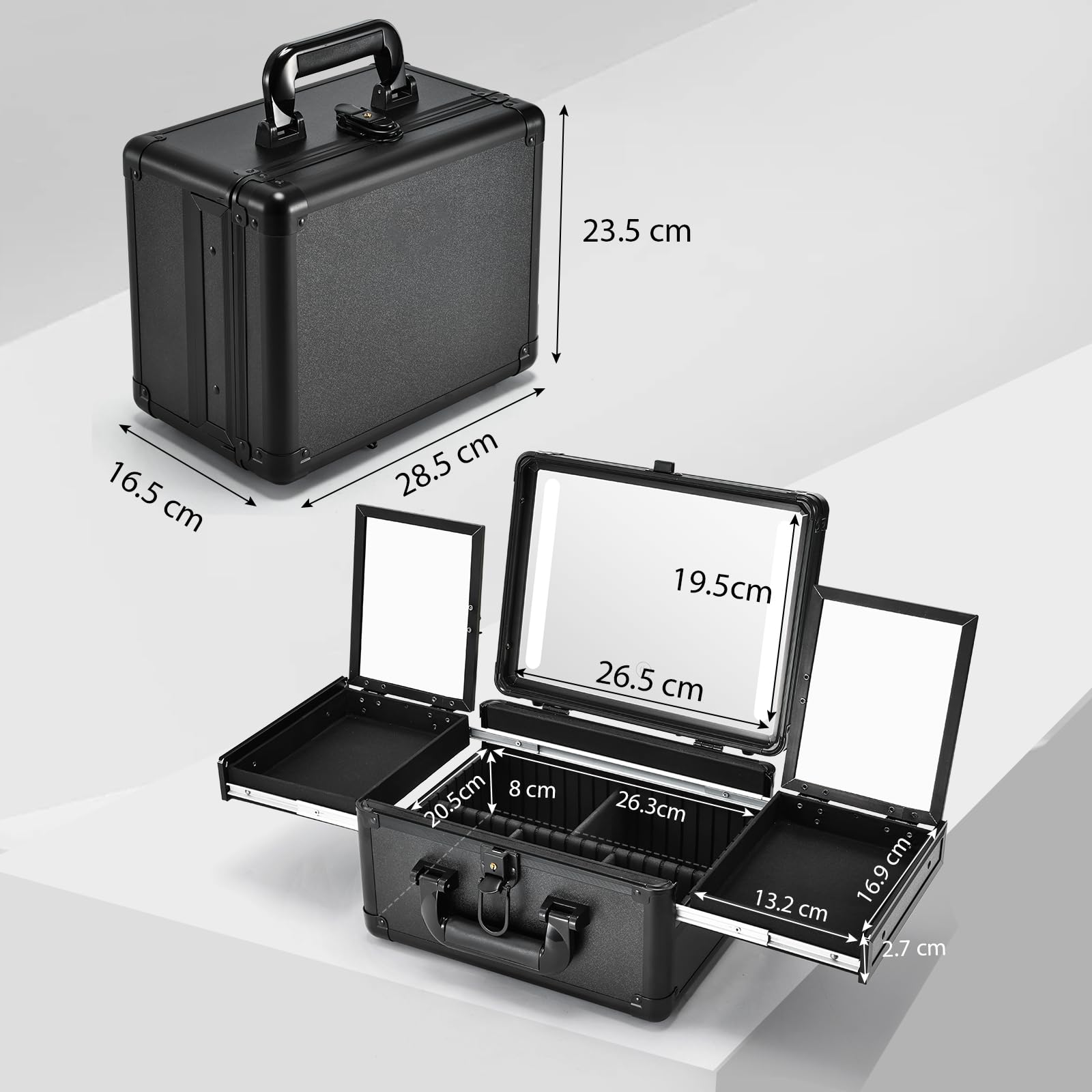 Mallette de maquillage de voyage avec miroir LED - Boîte de rangement avec séparateurs réglables et plateaux pliables - Noir mat.