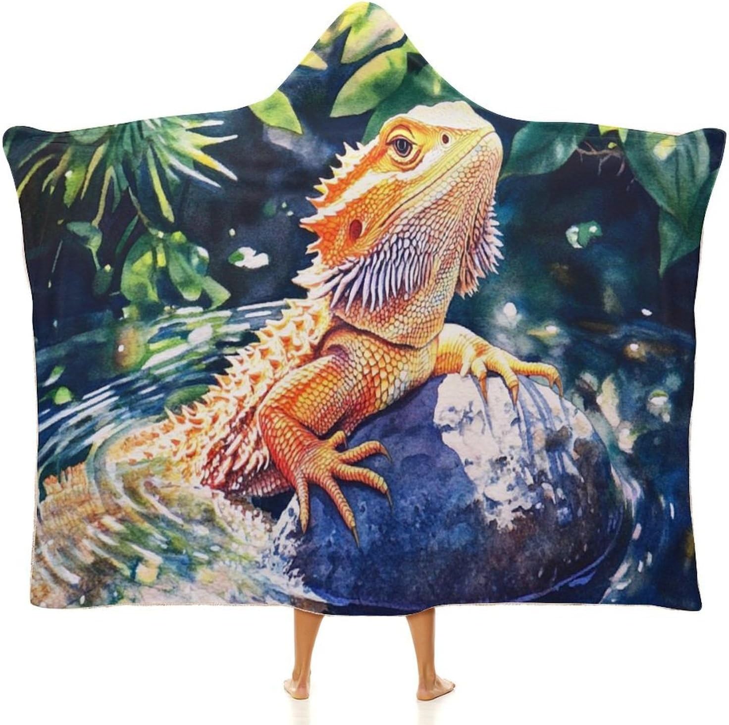 Bearded Dragon on Rock Fashion Wearable Blanket Hoodie Fleece Throw Cloak Robe Unisex