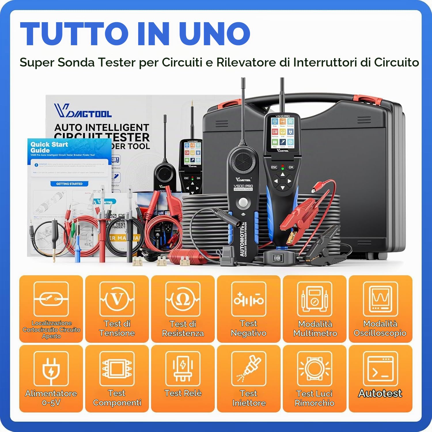 VDIAGTOOL V500 Pro Tester Sonda per Circuiti Elettrici con Cerca Filo Interrotto, Multimetro Oscilloscopio Relè Iniettori Test, Ricercatore Corto Circuito Aperto AC DC 9V-30V, Tracciatore Cavi 20FT