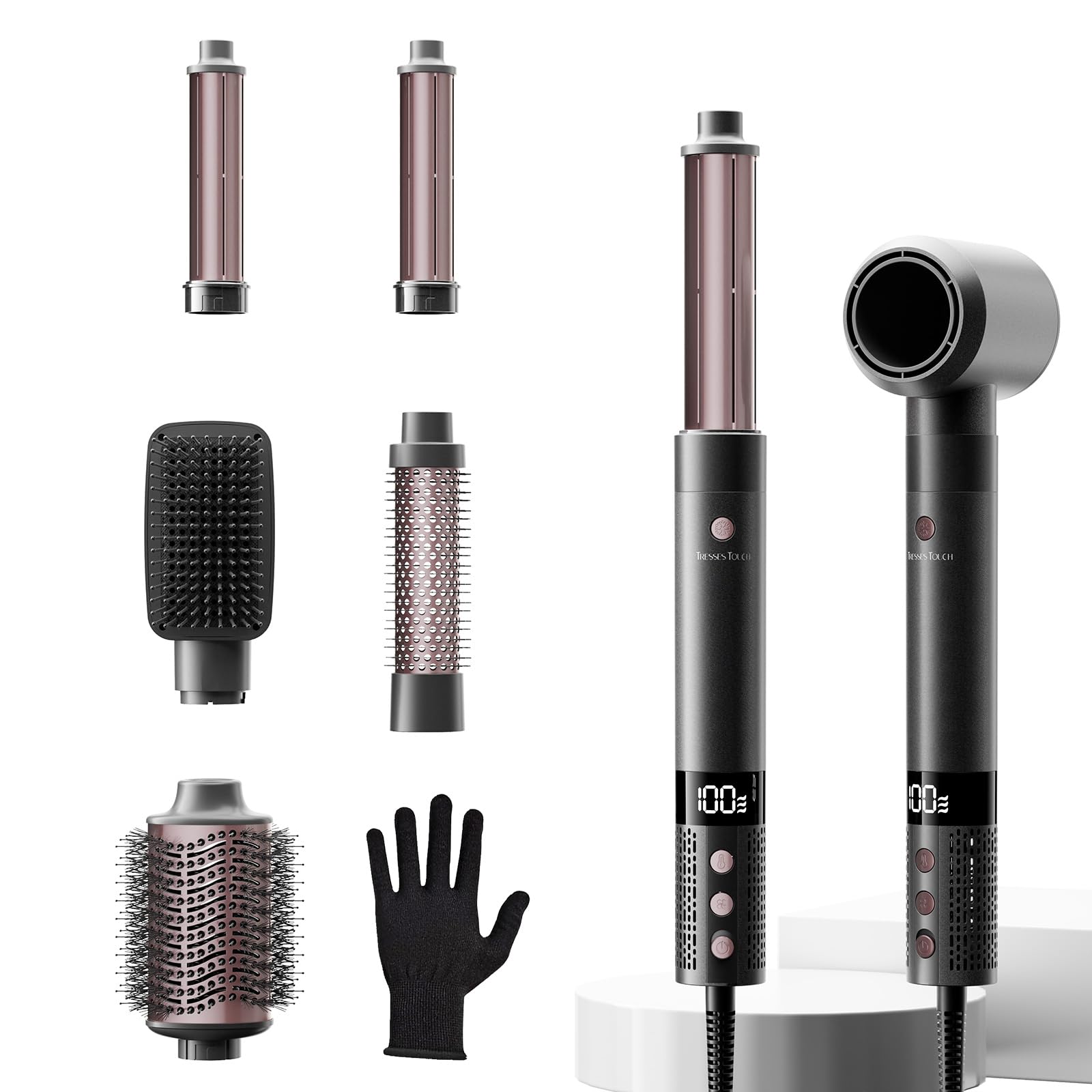 Hairstyler 6 In 1 Airstyler Haarstyler mit Rundbürstenföhn, Airflow Lockenstab Automatisch, Volumen Föhnbürste, Haartrockner, 110000RMP, 1400W Airwrap für Locken, Volumen, Glätten, Trocknen, Rose Gold