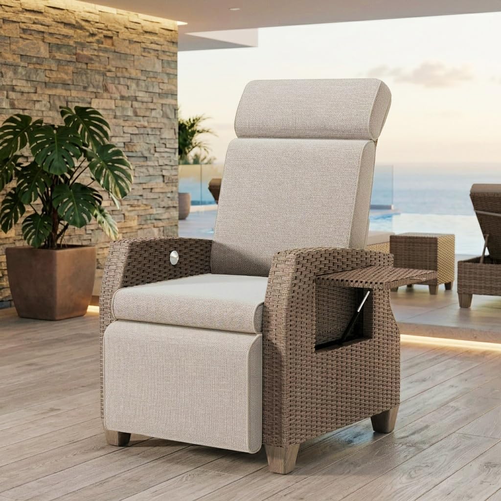 Chaise Longue, Fauteuil Relaxant Ergonomique en Rotin, Dossier Réglable et Blocable dans Toute Position, avec Housse Antipoussière, pour Intérieur, Balcon et Jardin (Marron + Abricot)