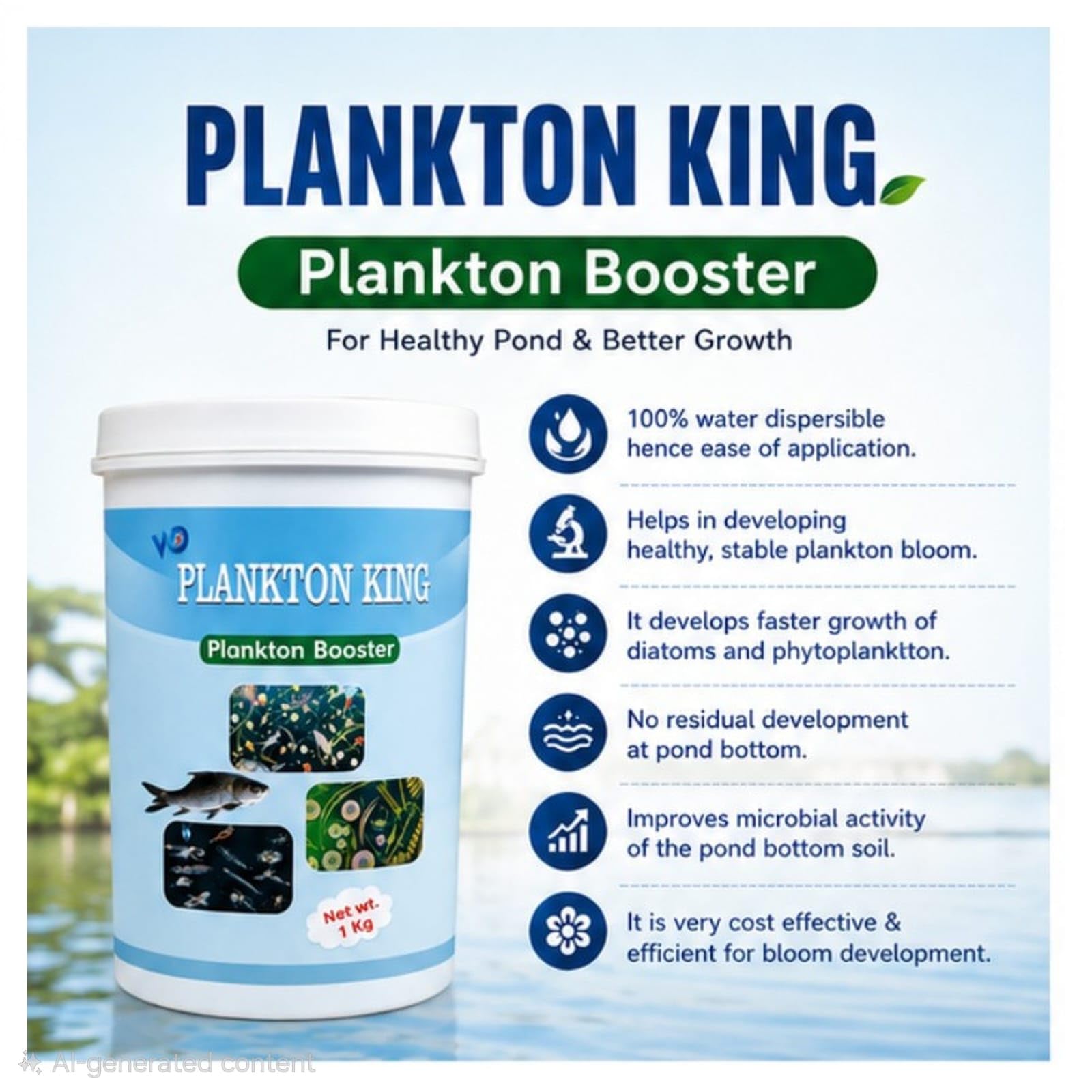 POND MASTER Plankton KING 1 Kg | Plankton Booster for Fish & Shrimp Farming | Water Dispersible Pond Supplement for Aquaculture, Biofloc, RAS, Lake & Aquarium 1