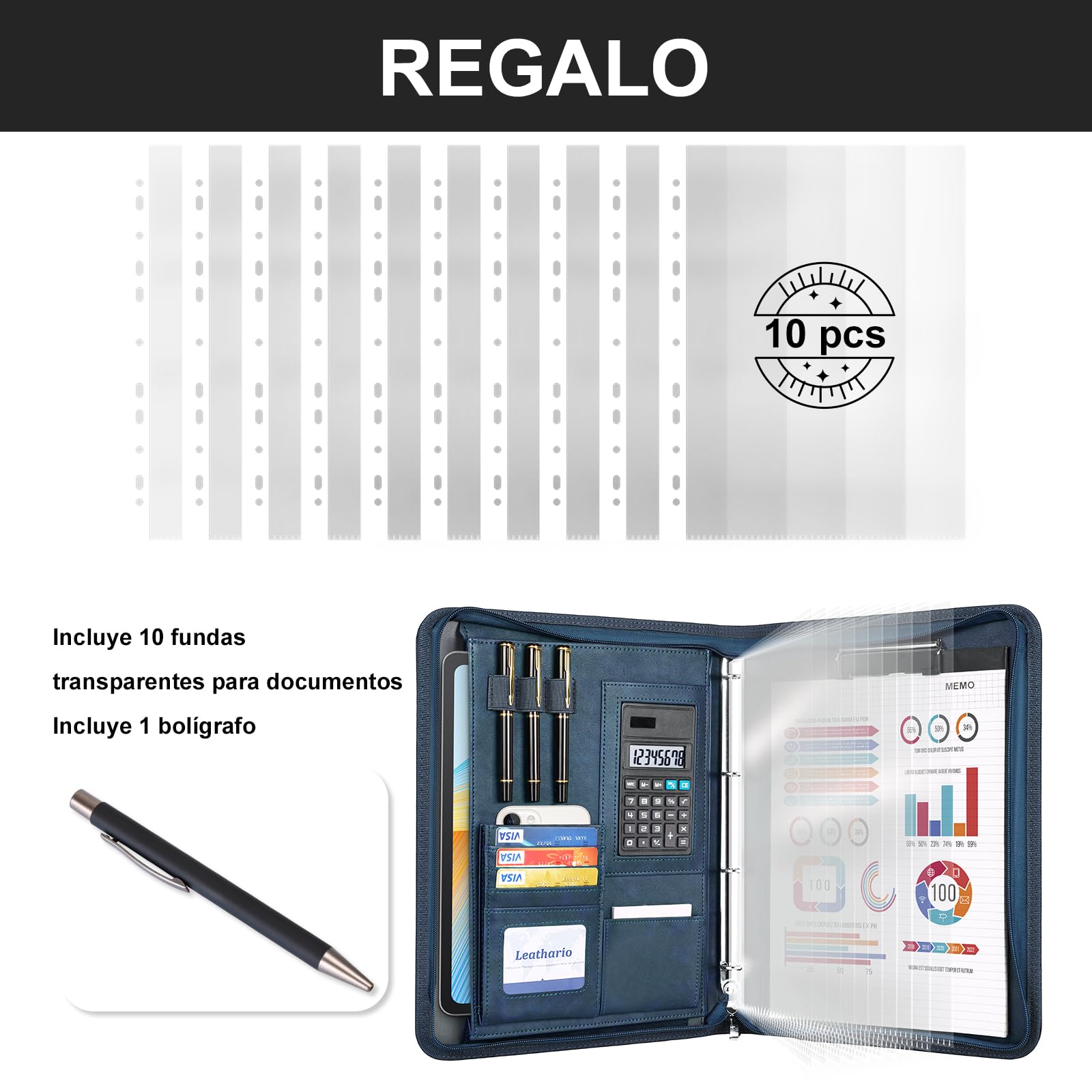 Leathario (Negro-A4) Marcas de Portafolio de Carpeta Plegable de Mano de PU para Hombres, Diseñado para Negocio y para Tomar Notas