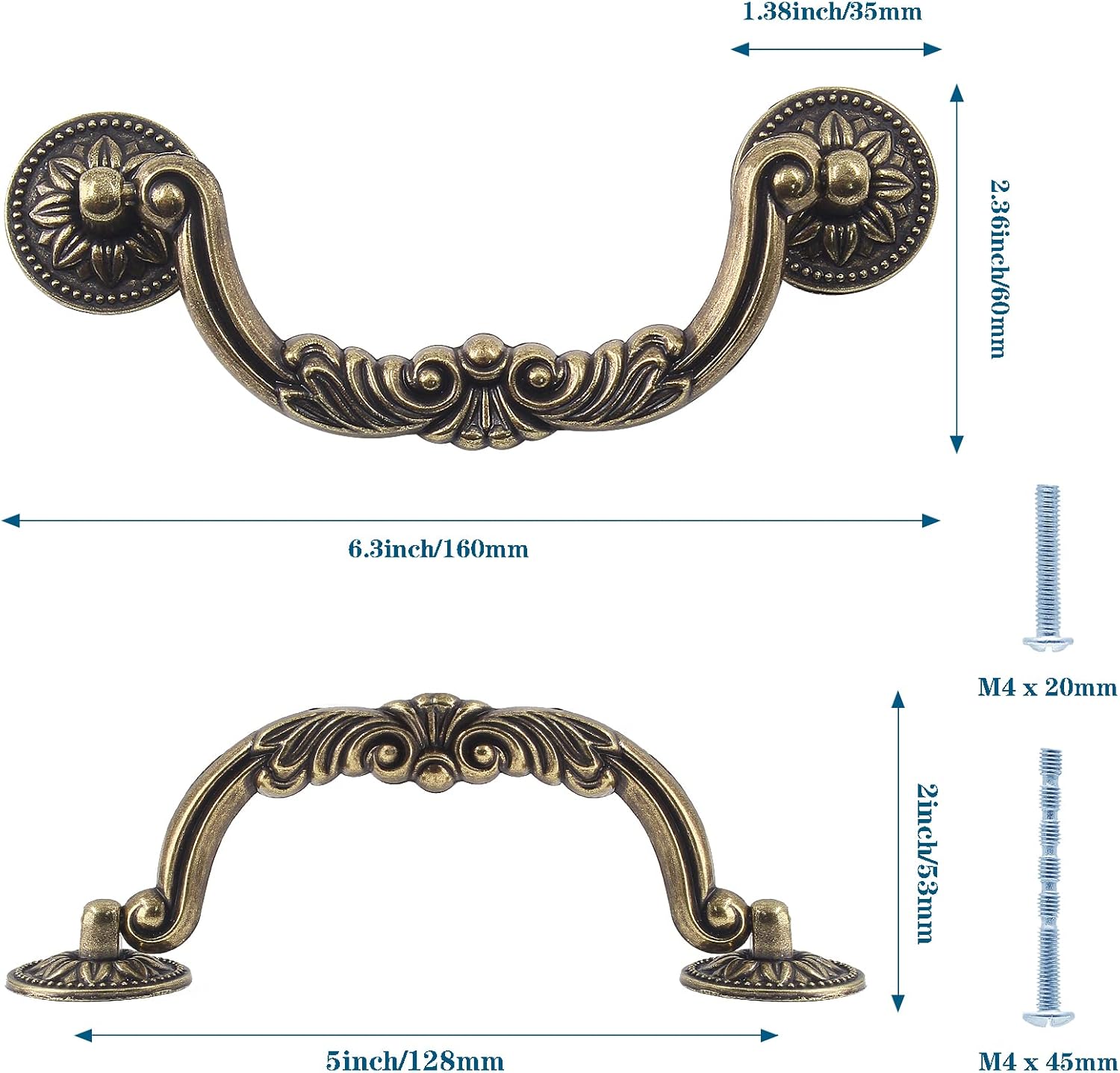 Waziaqoc 6PCS Antique Drop Bail Pulls, 5 Inch Hole Center Shabby Chic Drawer Pulls Vintage Bronze Cabinet Pull Handles for Dresser Cupboard Wardrobe Kitchen Door, 6.4 Inch Length