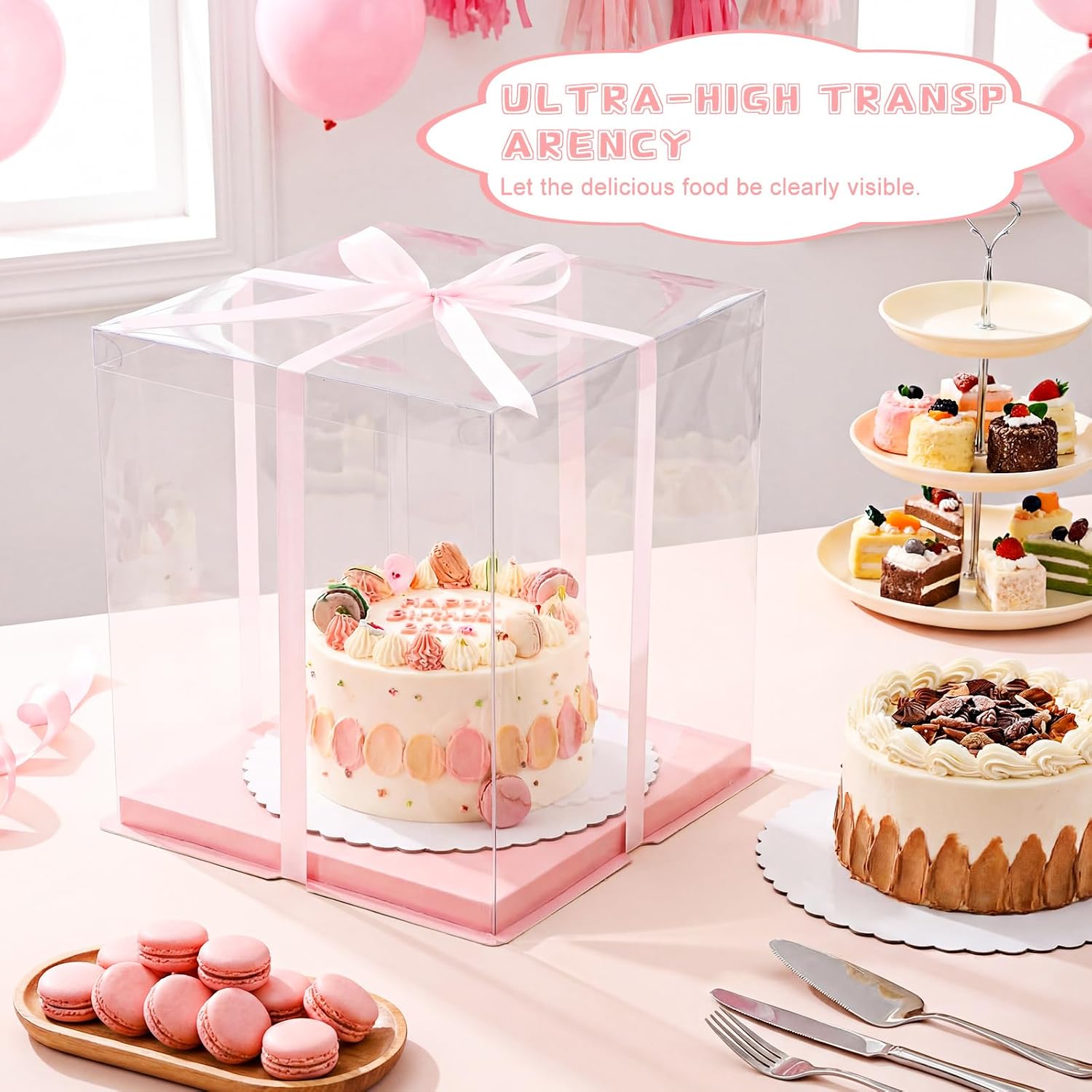Watersay 6 Packs Large 12''x12''x13'' Clear Cake Box with Round Cake Boards and Ribbon Taller Box Carrier Tiered Transparent Gift Container with Lid & Board for Birthday Wedding Festival Party(Pink)