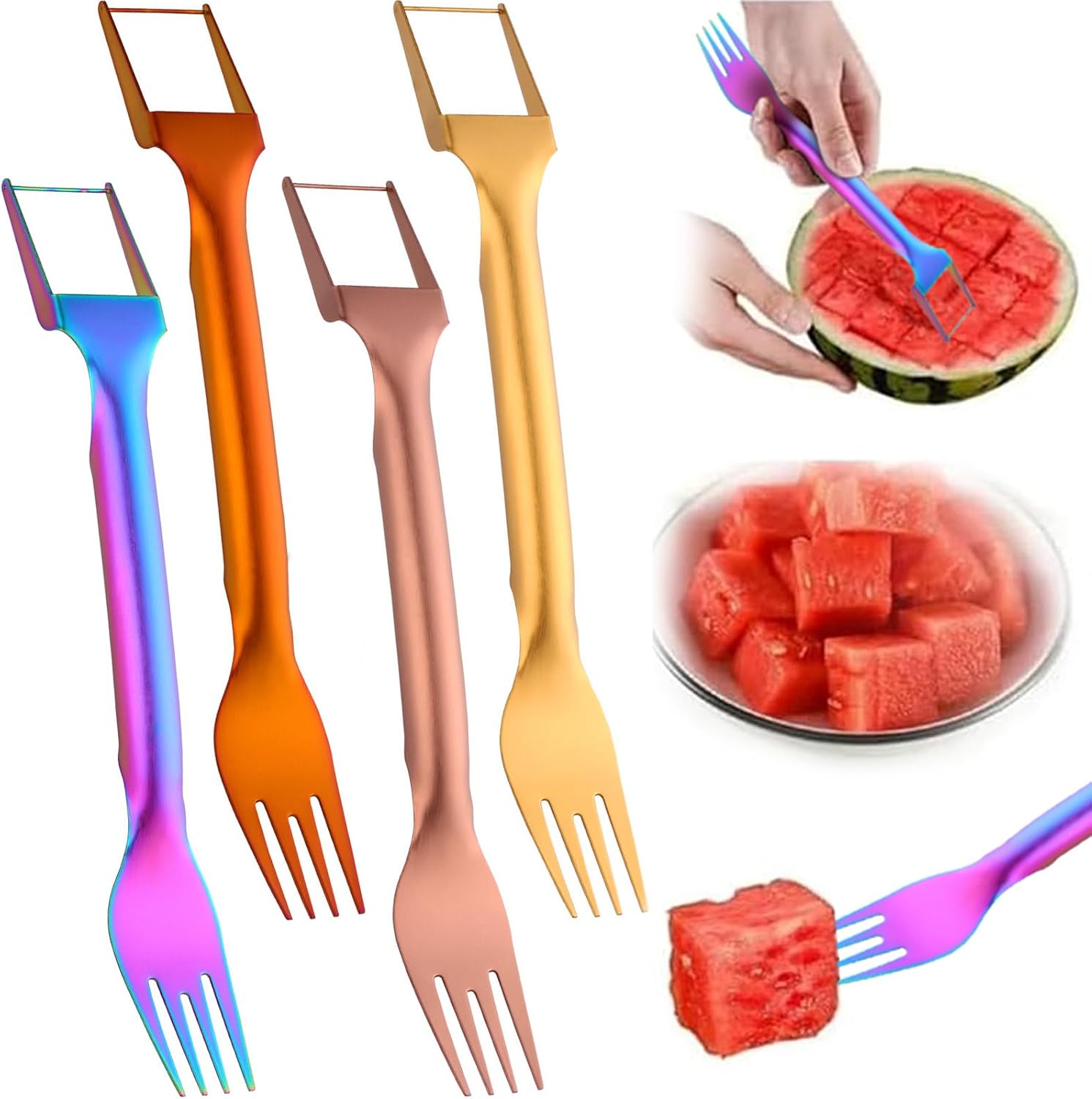 Generic （4-pcs set） 2 in 1 stainless steel watermelon fork slicer, watermelon slicer, watermelon cutter,fruit slicer, fruit fork slicer, watermelon knife, watermelon fork slicer cutter (2), N0017