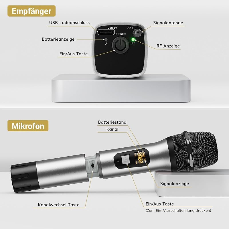 Set microfon wireless UHF portabil din metal TONOR TW620 cu receptor reîncărcabil, rază de acțiune 60 m, ieșire jack 1/4 pentru amplificator karaoke