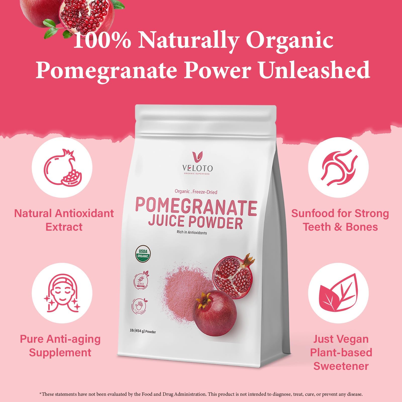 Organic Pomegranate Juice Powder 1 lb, Freeze-Dried, Antioxidant Superfood, No Sugar Added, Unsweetened, Non-GMO, Vegan, for Smoothies, Juice & Baking