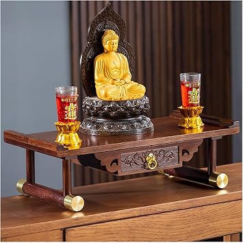Desktop Buddha Shelf Statue Stand with Drawer, Wood Buddhist Altar Display Base, Buddha Statue Pedestal Personal Shrine Altar Table, Guan Gong Guanyin Table Crafts Pedestal