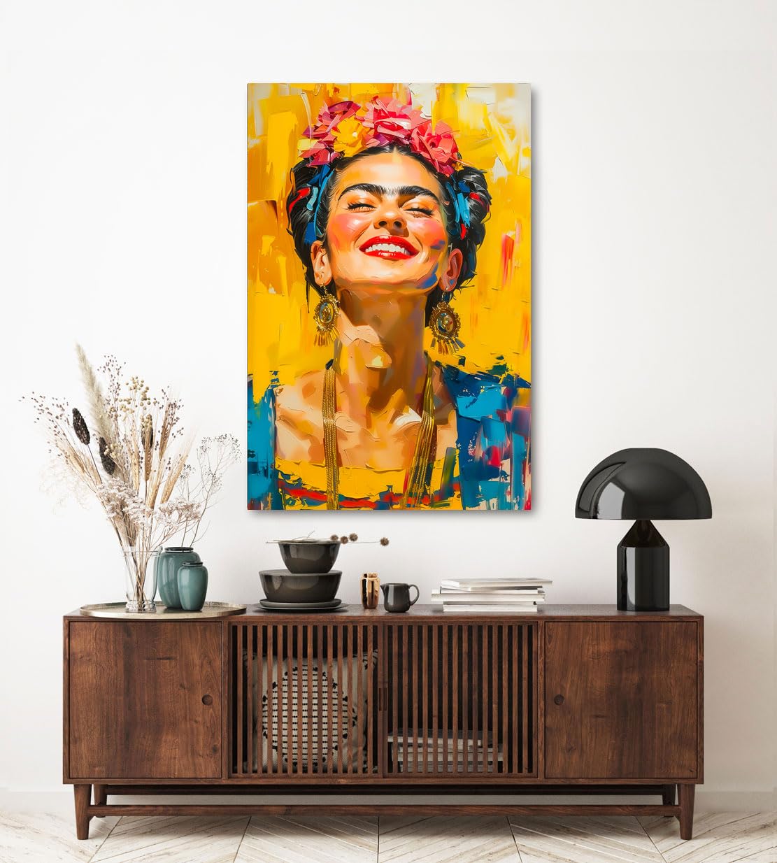 Kunstgestalten24 | Frida Kahlo Smile Abstrakt Modern Leinwand-Bild | mit Echtholz-Keilrahmen | Leinwandbild Wandbild Gemälde Kunst Art | Hochwertige Kunstdrucke | XXL Bilder auf Leinwand