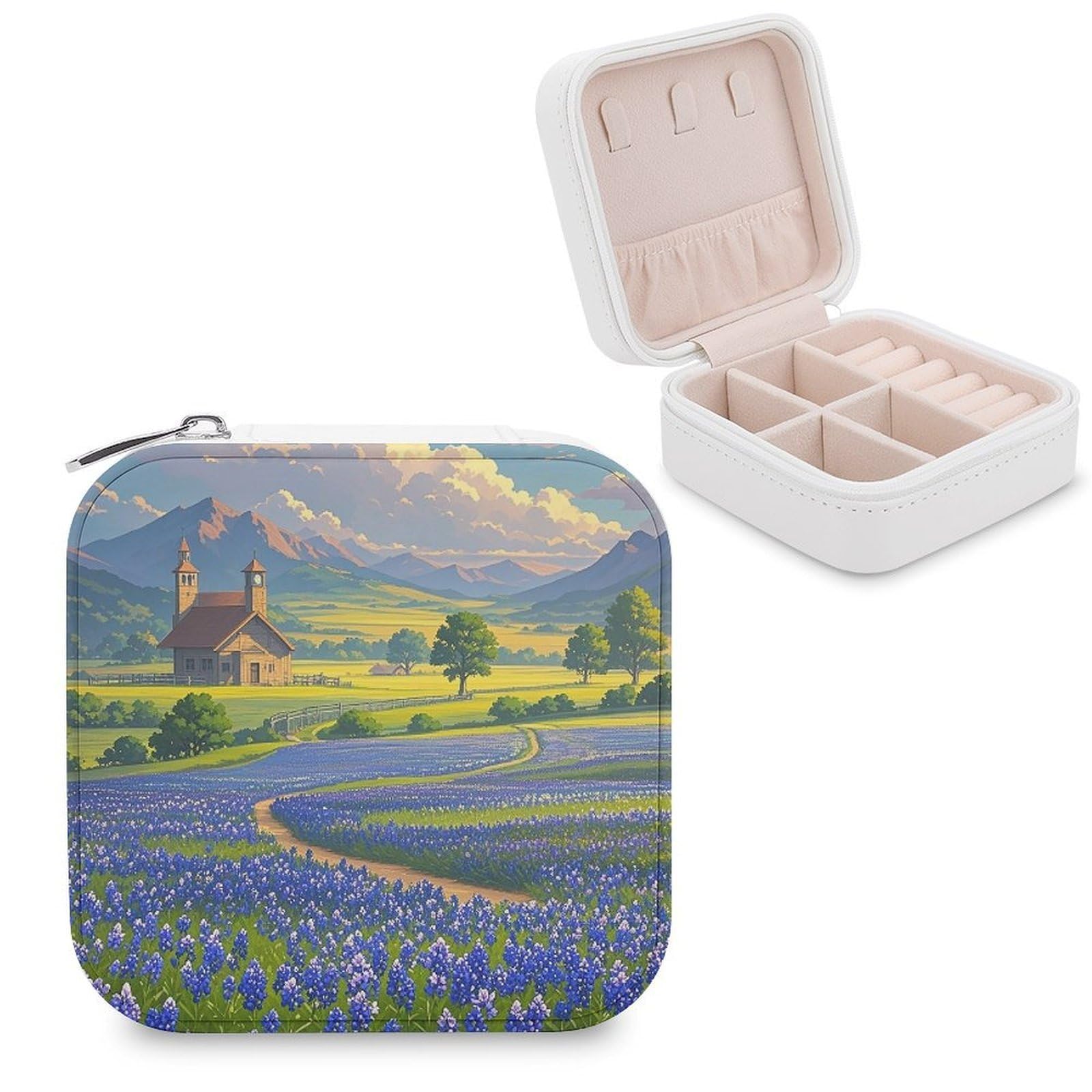 FekiLoot Texas Bluebonnets Scenery Travel Jewelry Box Small Jewelry Organizer Storage Case Portable PU Leather Mini Jewellry Travel Case Necklace Ring Storage Organizer Gift for Women