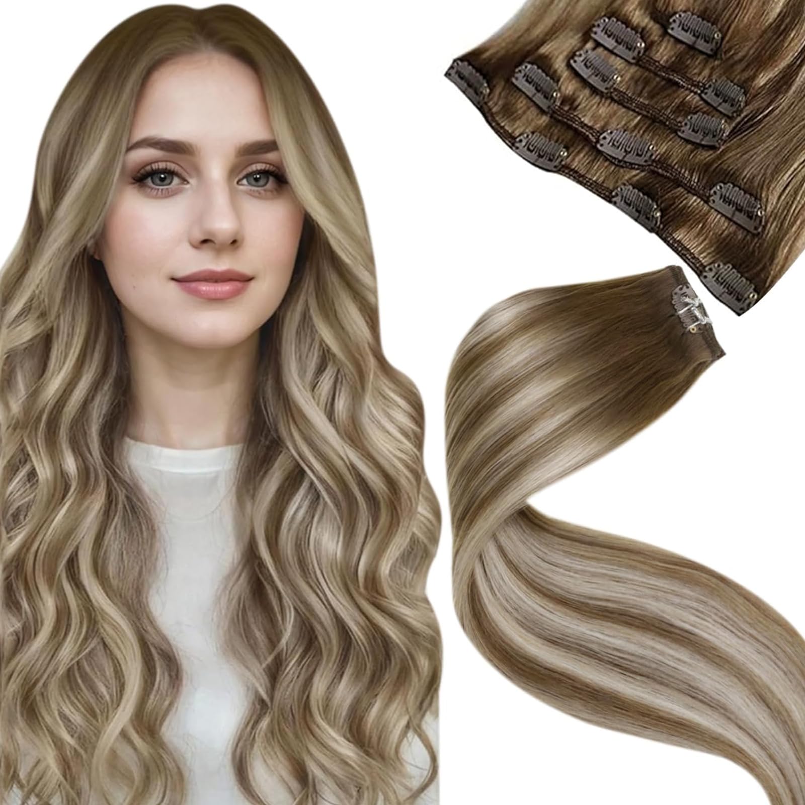 LaaVoo Clip in Hair Extensions Real Human Hair Light Barown Hair Extensions Clip in Straight Balayage Brown to Light Blonde Remy Hair Full Head Double Weft 80g 5pcs 12 Inch #8/60/8