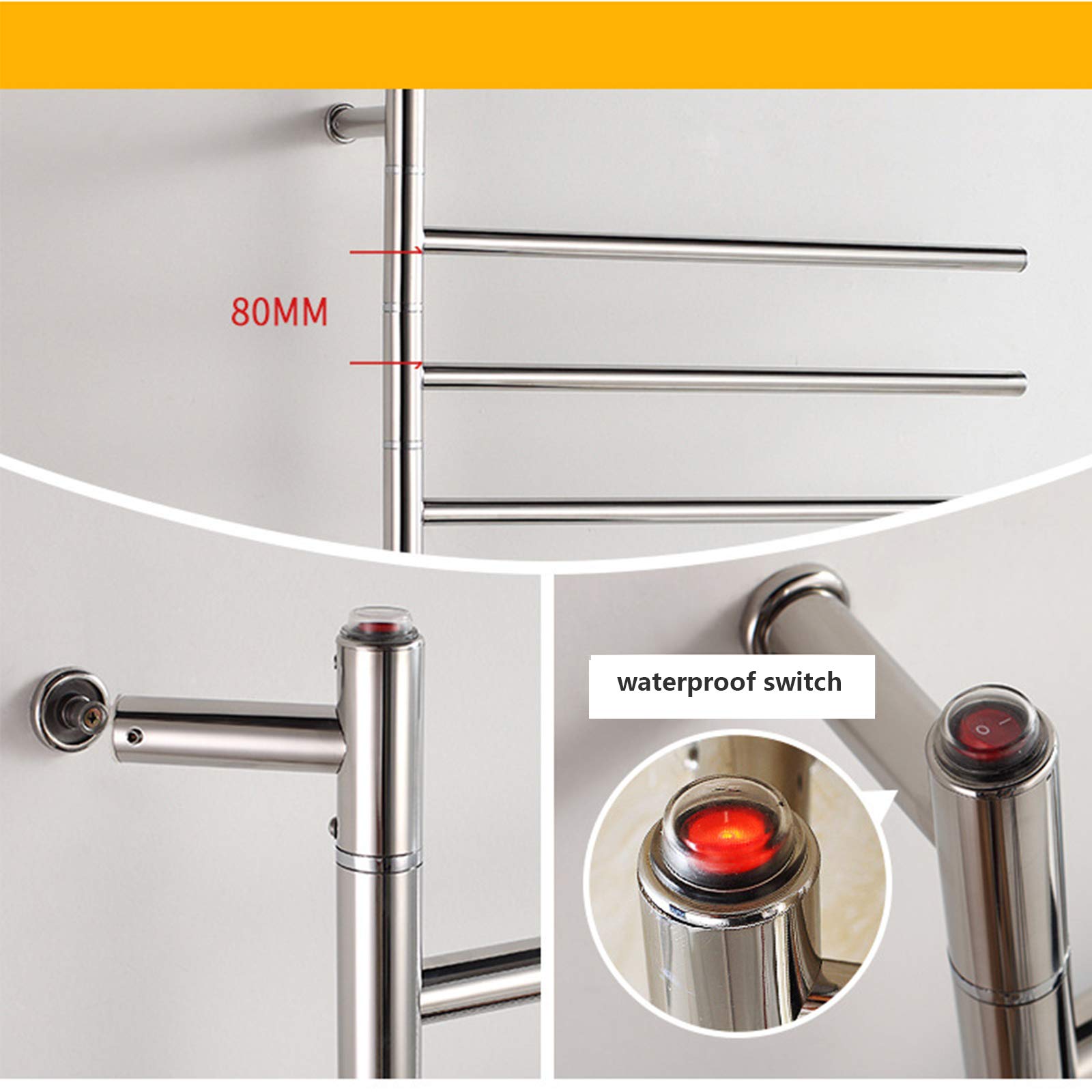 ZQFIDFYR 4-Bar Bathroom Electric Heated Towel Rack, Portable Wall Mounted Swivel Towel Warmer Drying Rack 304 Stainless Steel Heated Towel Rail, Energy Efficient 51W,Plug in (Plug in)