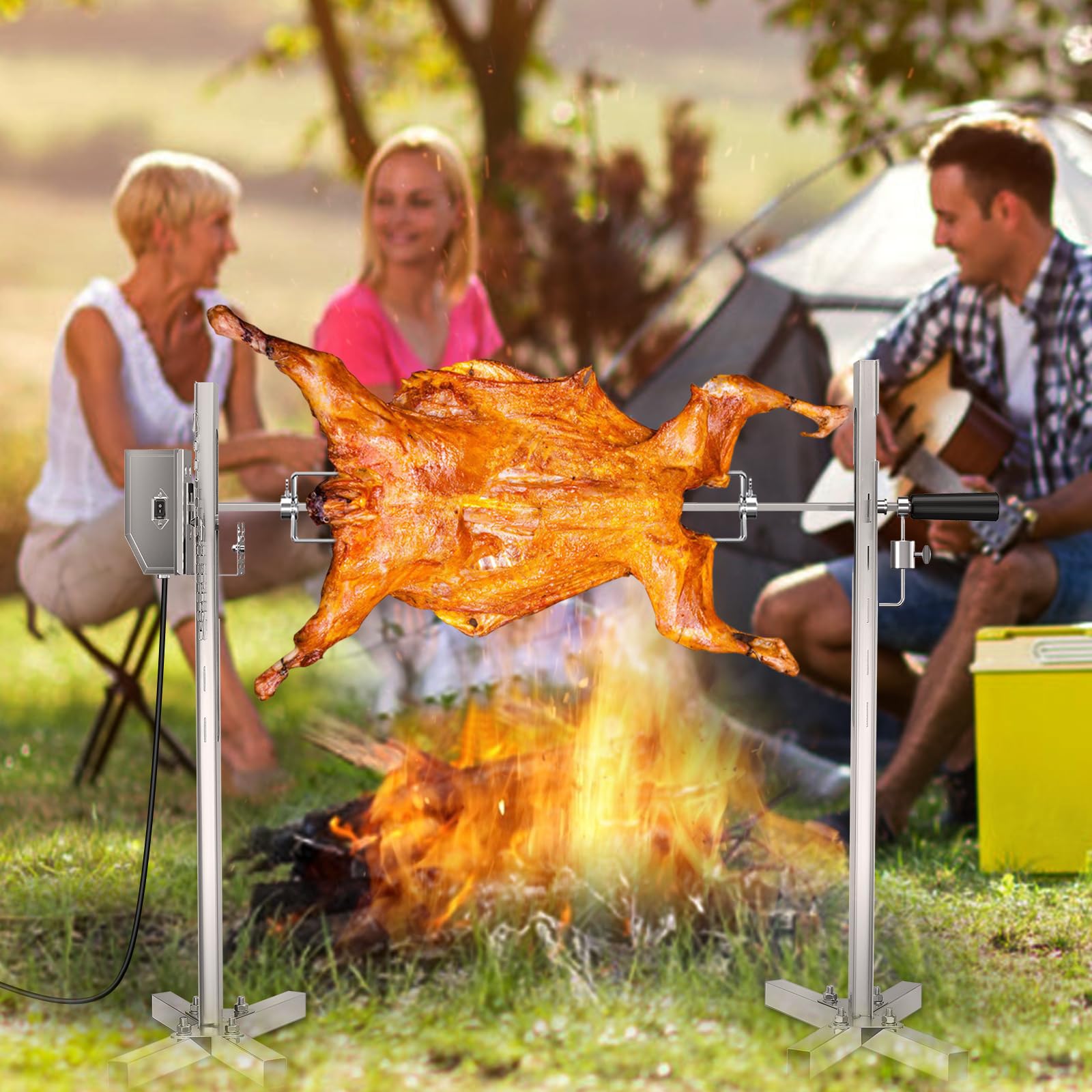 Universal asador Giratorio Barbacoa 3X Pinchos, Agujas y Motor de Acero Inoxidable Longitud Ajustable 56-134cm 3RPM Parrilla Barbacoa giratoria